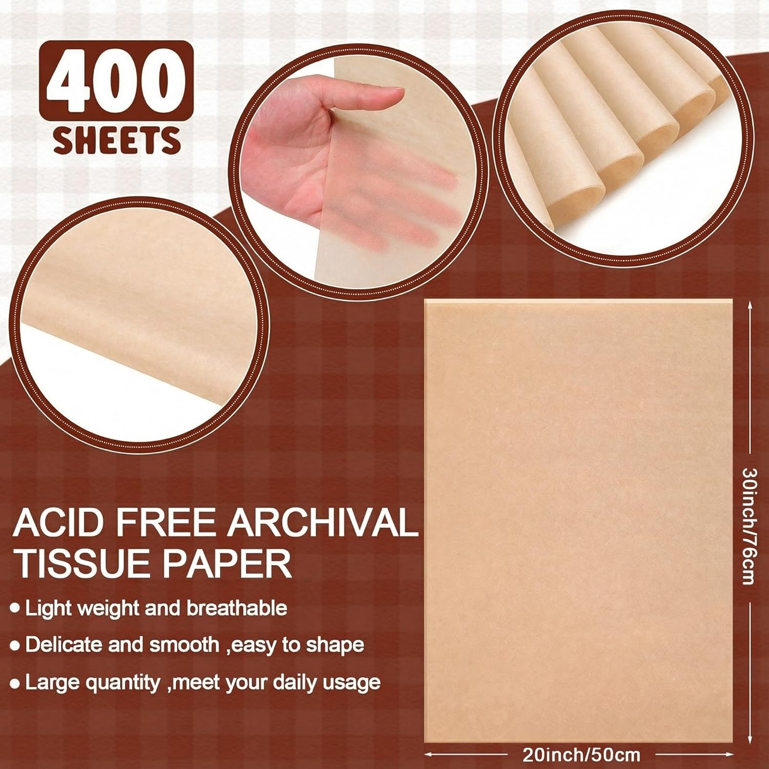 meekoo 400 Pcs 30 x 20 Inch Acid Free Archival Tissue Paper Unbuffered Interleaving No Acid Paper for Clothes Textiles Linens Books Photo Jewelry Presents Wrap Storage (Kraft Color)