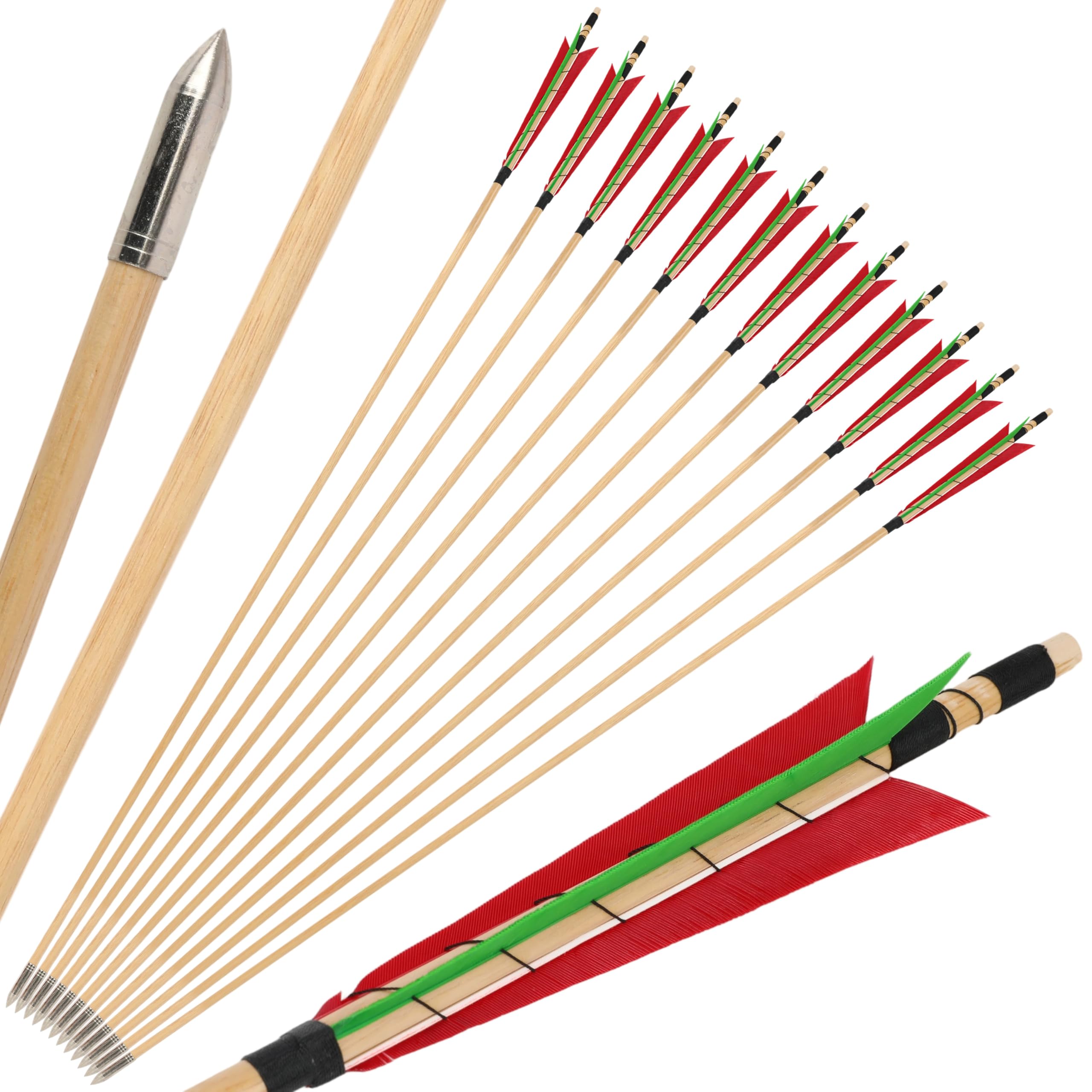 SHARROW Archery Wooden Arrows Traditional Handmade Hunting Practice Target Arrow Wood Shaft with 5" Turkey Feathers Metal Arrowheads for Recurve Bow Longbow (Red 3, 12pcs) — image 1