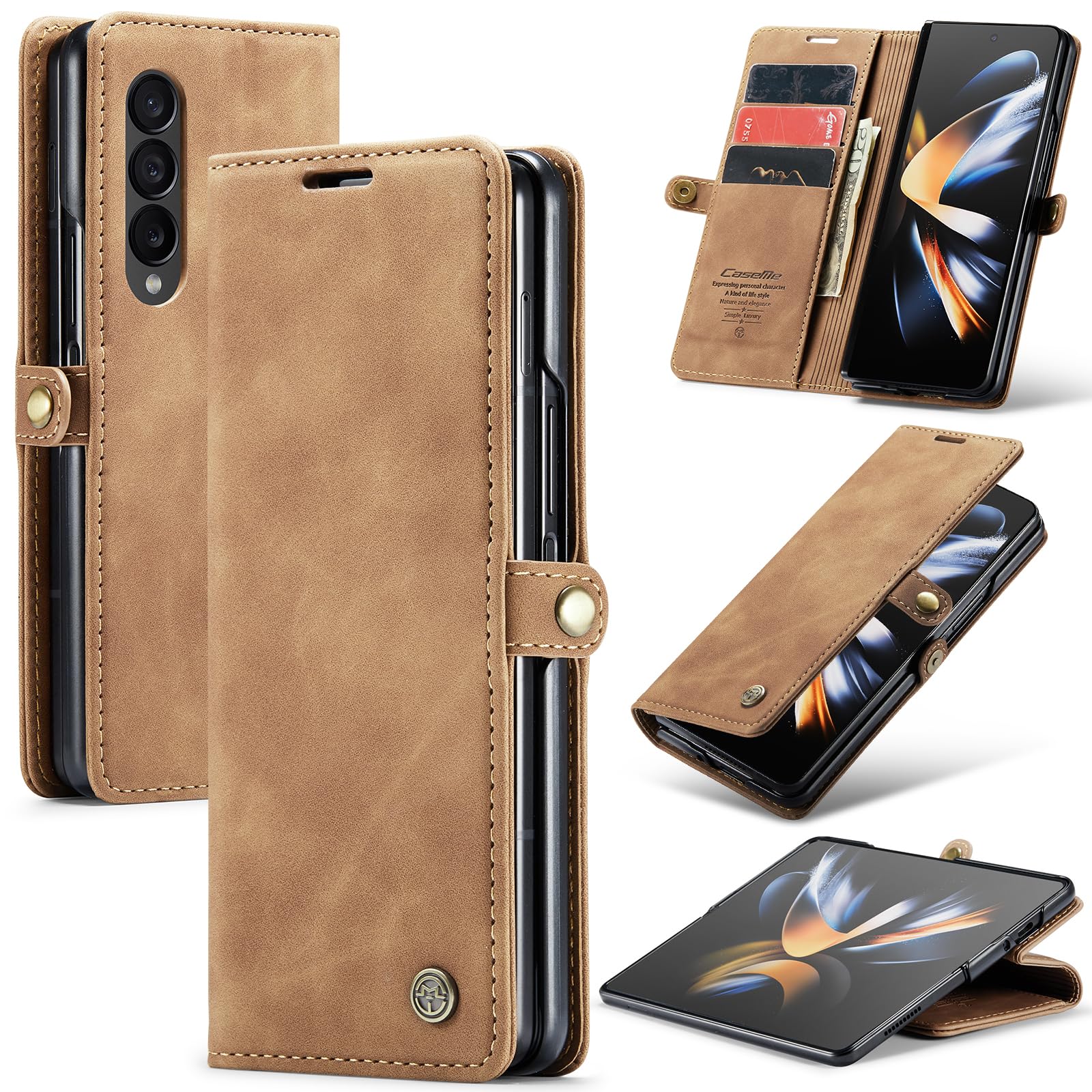 Azororo Cover per Samsung Galaxy Z Fold 4 5G, Premium PU Pelle Custodia, Magnetica Carta Fessura Portafoglio Case, Flip Cavalletto Custodia per Samsung Galaxy Z Fold 4 - Marrone
