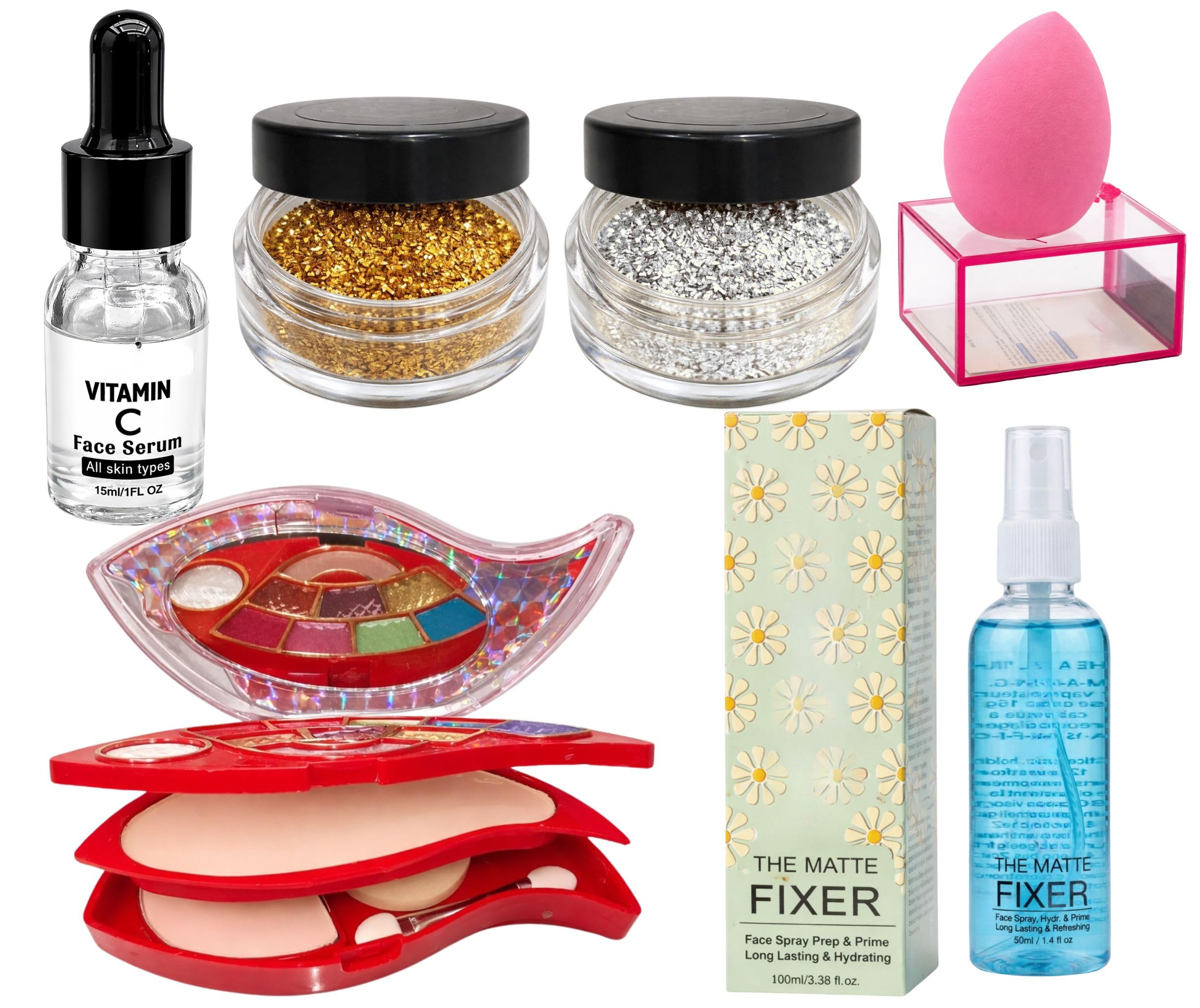 Professional All-in-One Skin Prep Complexion Base & Festival Sparkle Makeup Combo Set – Glow Vitamin C Face Serum, Slidably Folding Multi-Tier Vanity Case, Blue Setting Spray Shield, and Acrylic Boxed Sponge (Pack of 7 Items)-image-13
