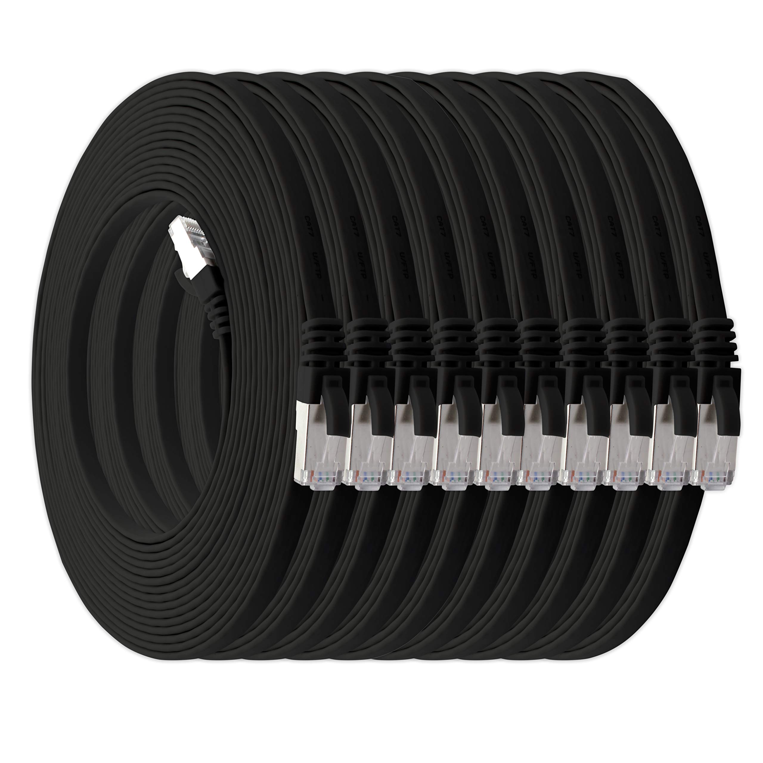 1aTTack.de 5m - schwarz - 10 Stück Cat7 Flachkabel Netzwerkkabel Cat 7 Rohkabel Gigabit Lan (10Gbit/s) Flachbandkabel Verlegekabel Patchkabel Flach Slim Rj 45 Stecker Cat6a