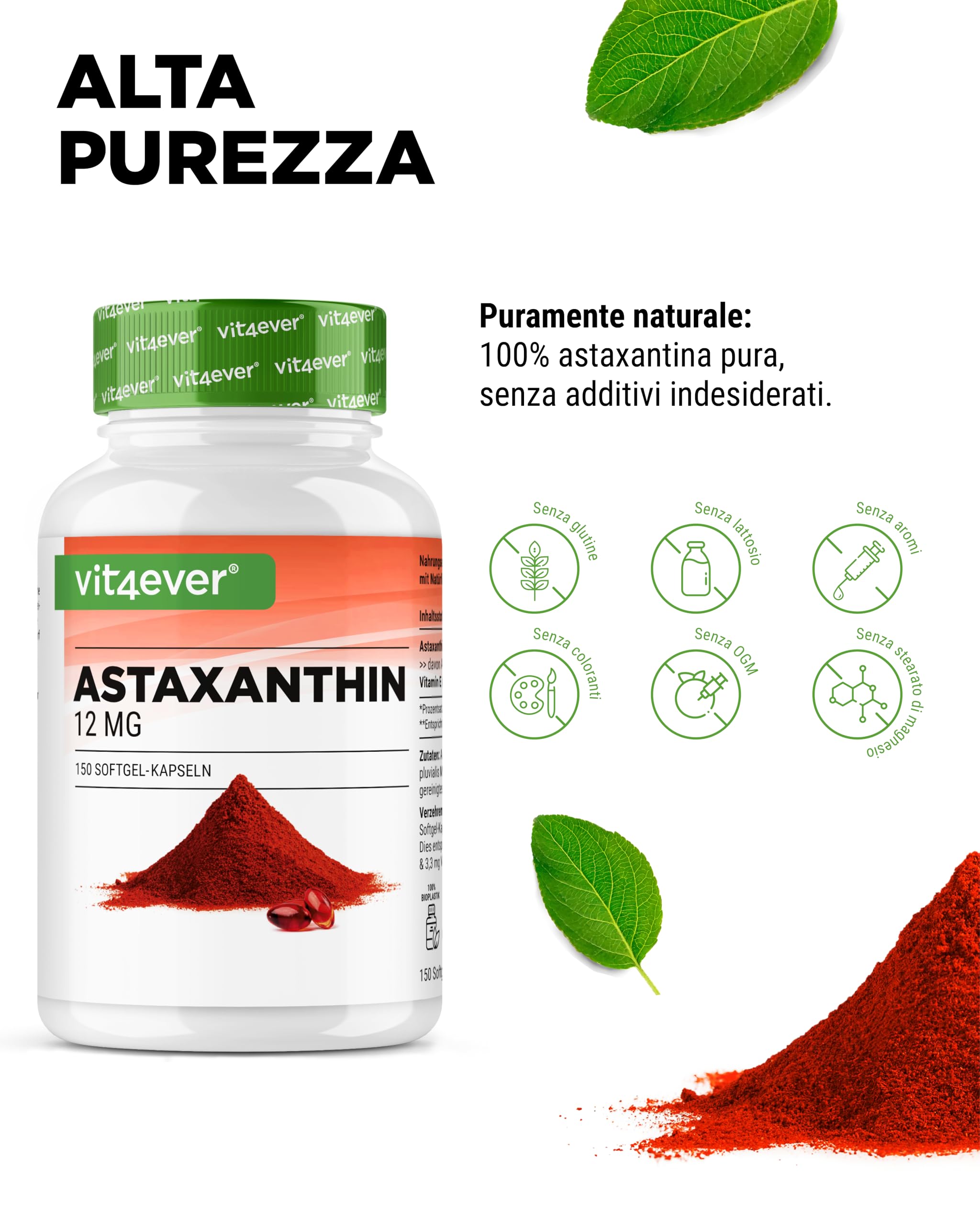 Astaxantina 12 mg - 150 capsule softgel (scorta 10 mesi) - Premium: vera astaxantina da microalga Haematococcus pluvialis pura - Ottimizzata con vitamina E e olio d’oliva