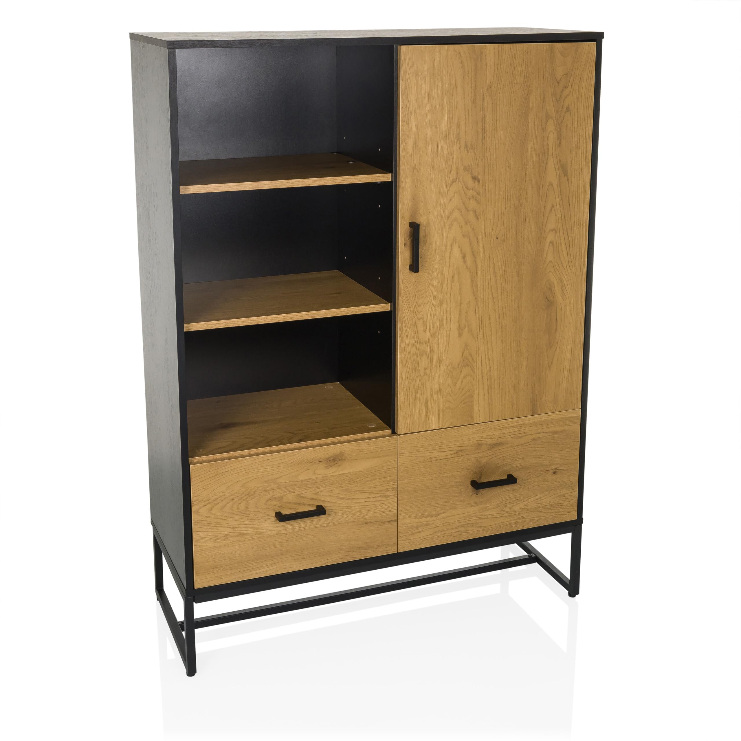 Highboard mit 2 Schubladen und Türe 100x40x140 cm AMIO H Regal Büroschrank mit viel Stauraum, Einlegeböden verstellbar, Schwarz/Eiche