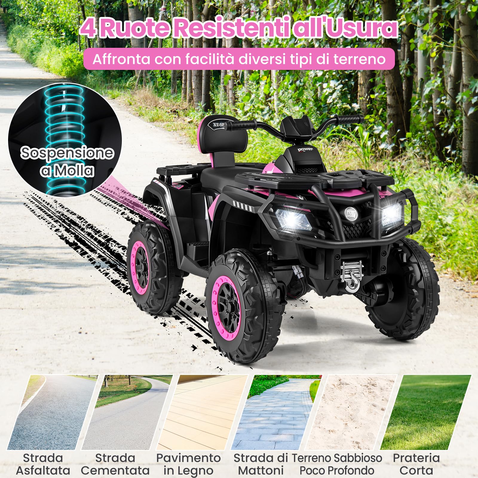 COSTWAY 24V Quad Elettrico per Bambini a 2 Posti, Macchina Elettrica per Bambini 3-8 Anni con 4 Motori, 4 Ruote Antiusura, Luci LED e Musica, Avvio Morbido e 2 Velocità Regolabili, 3-8 km/h (Rosa)