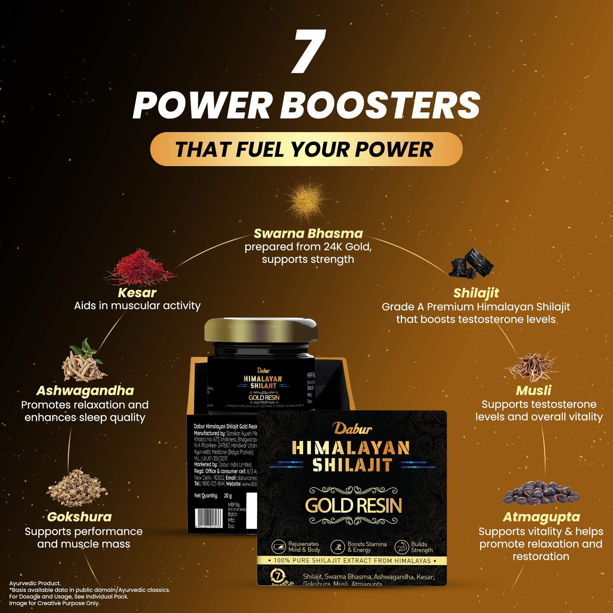 Dabur Himalayan Shilajit/Shilajeet Gold Resin - 20g | 500mg/Serving | 40 Servings | Contains 24 Karat Gold | 7 Ayurvedic Boosters | Boosts Muscle Growth & Stamina | 100% Ayurvedic 3