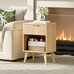 Fluted Night Stand with Opening Storage,Mid Century Bedside Table with Drawer,Wood Nightstand with Solid Wood Legs,End Table Side Table for Living Room,Bedroom,Natural CAACTG56Y