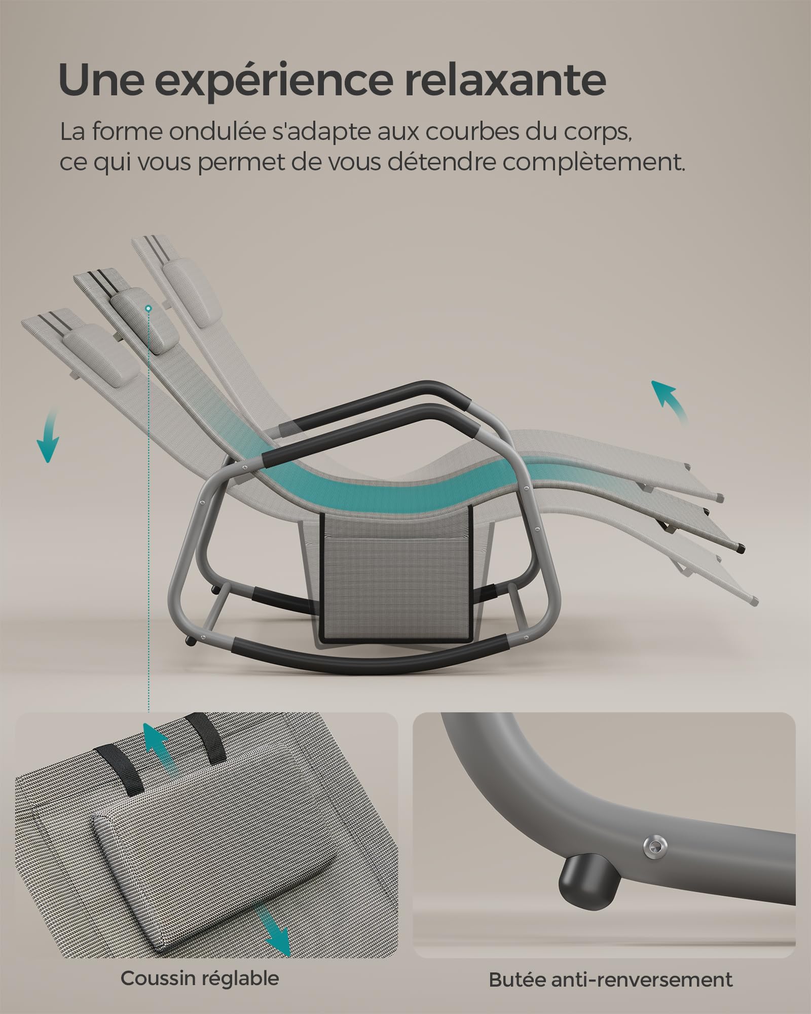 SONGMICS Fauteuil à Bascule avec Appui-tête Réglable, Chaise Longue Anti-Renversement, Cadre en Acier, Tissu Respirant, Poche, pour Jardin, 151 x 56,2 x 97,3 cm, Gris Tourterelle GCB230G01