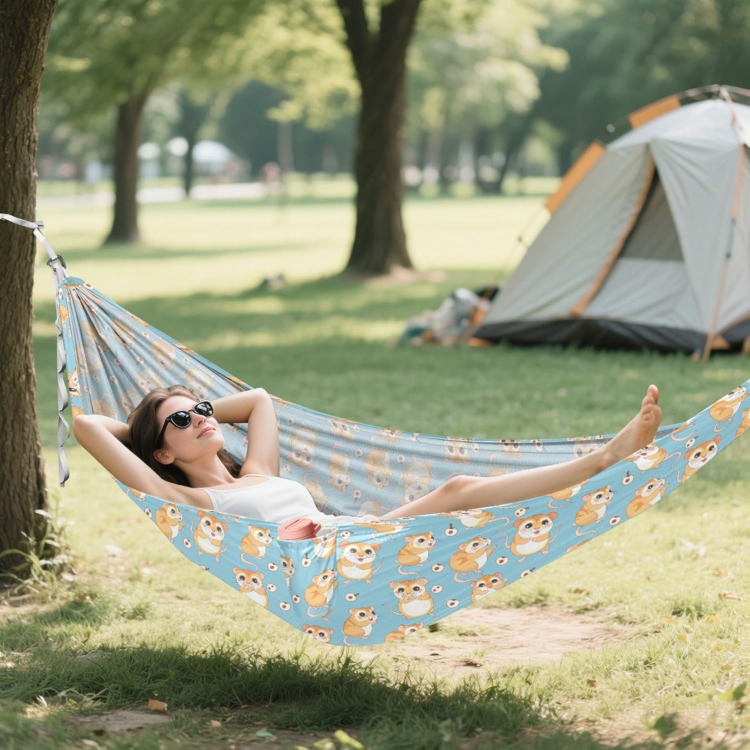 ALAZA Cute Hamster Cartoon Camping Hammocks Single or 2 Person 500 lbs Portable Parachute Travel Hammock w/Tree Straps for Hiking Backpacking Indoor Outdoor