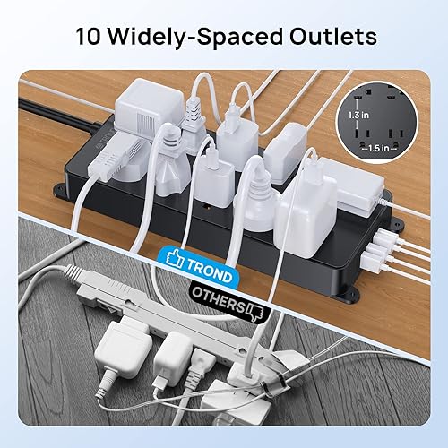 Miniatura 5 de TROND Protector de sobretensión, cable de extensión de enchufe plano de 15 pies de largo, 10 salidas de CA ampliamente espaciadas, 2 puertos USB A y