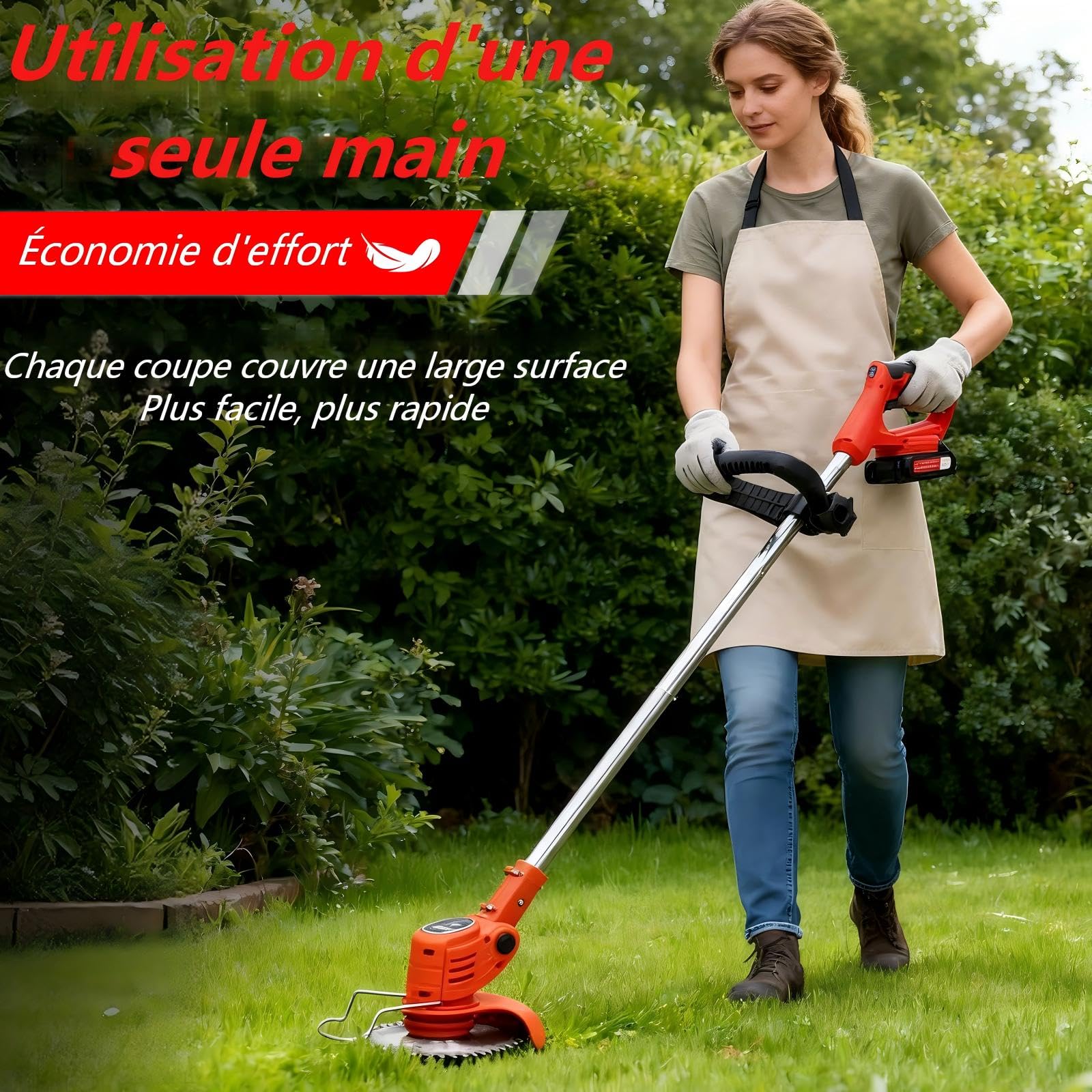 OUTIGO Debroussailleuse Electrique sans Fil, Débroussailleuse à Gazon Pliable avec 2 Batteries et 4 Types de Lames, Triple poignée Pliant, Pelouses et Terres Agricoles