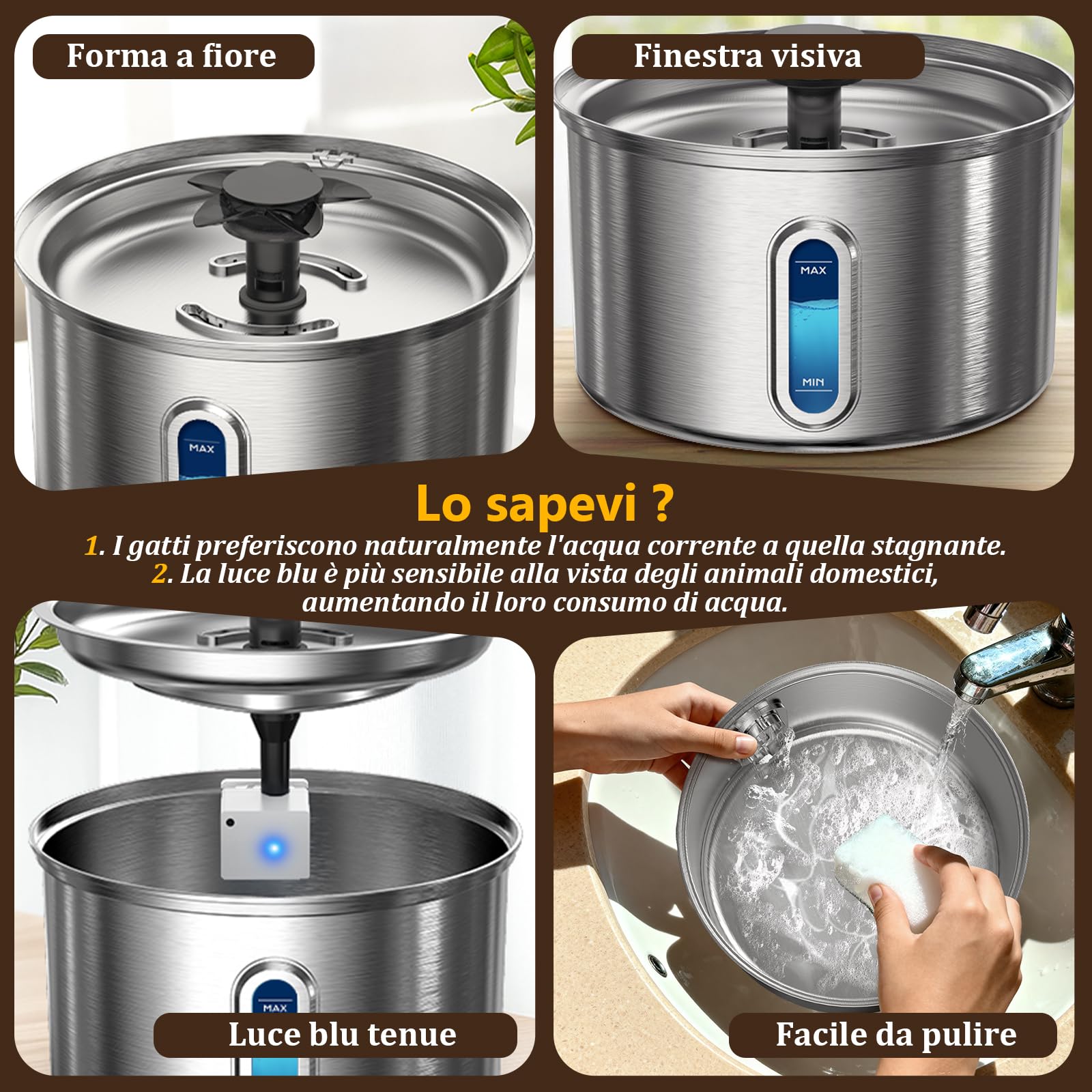 Fontanella per Gatti Acciaio Inox, 3.2L/108oz Fontana per Gatto con Sistema di Filtrazione a Cinque Stadi, 25dB Ultra silenziosa, 5W Basso Consumo, Adatto per gatti, cani e piccoli pets +3 Filtri