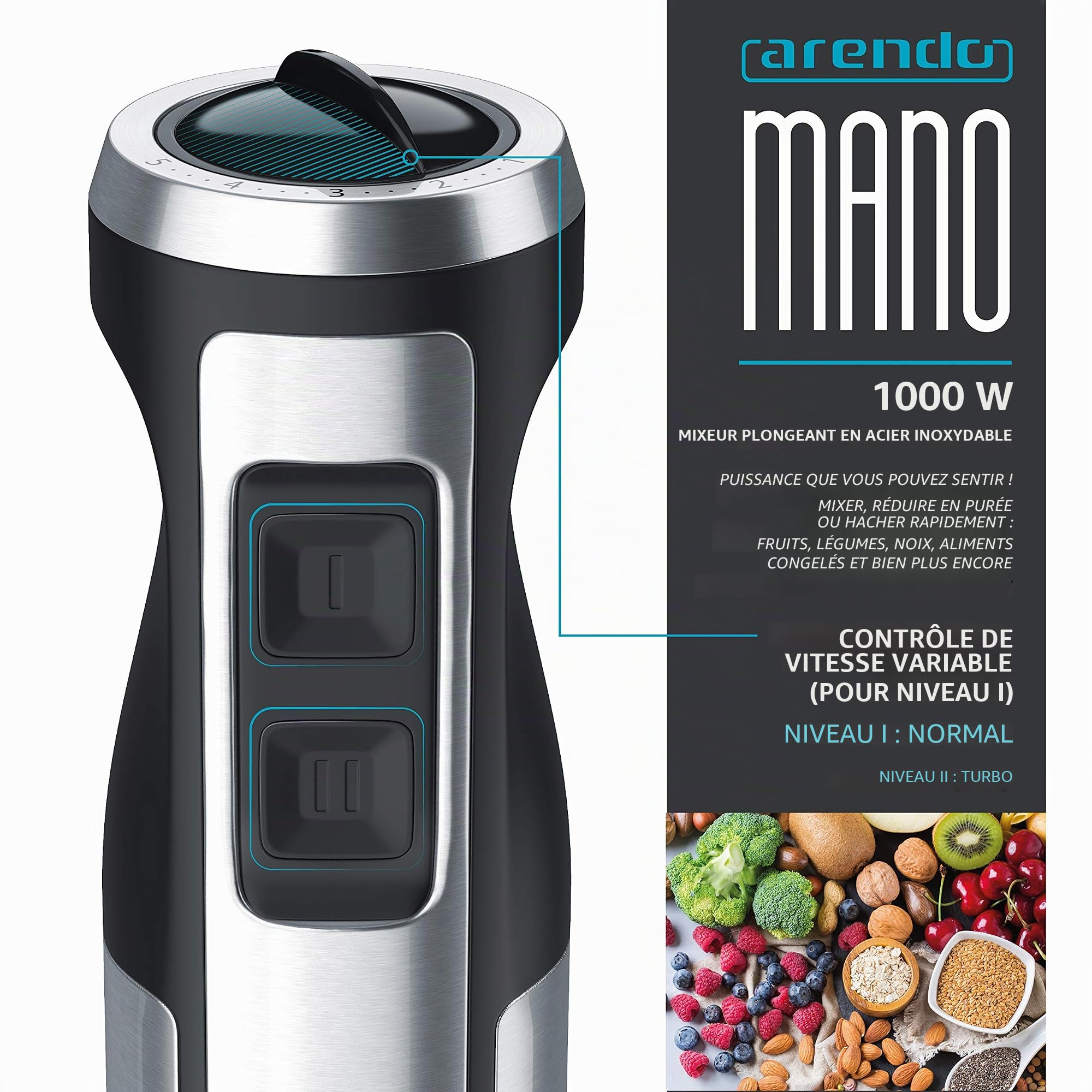 Arendo - Mixeur plongeant 1000 W en acier inoxydable - Couteau à quatre lames - Mélangeur à purée - Réglage en continu de la vitesse - Bouton turbo - Pied mixeur amovible