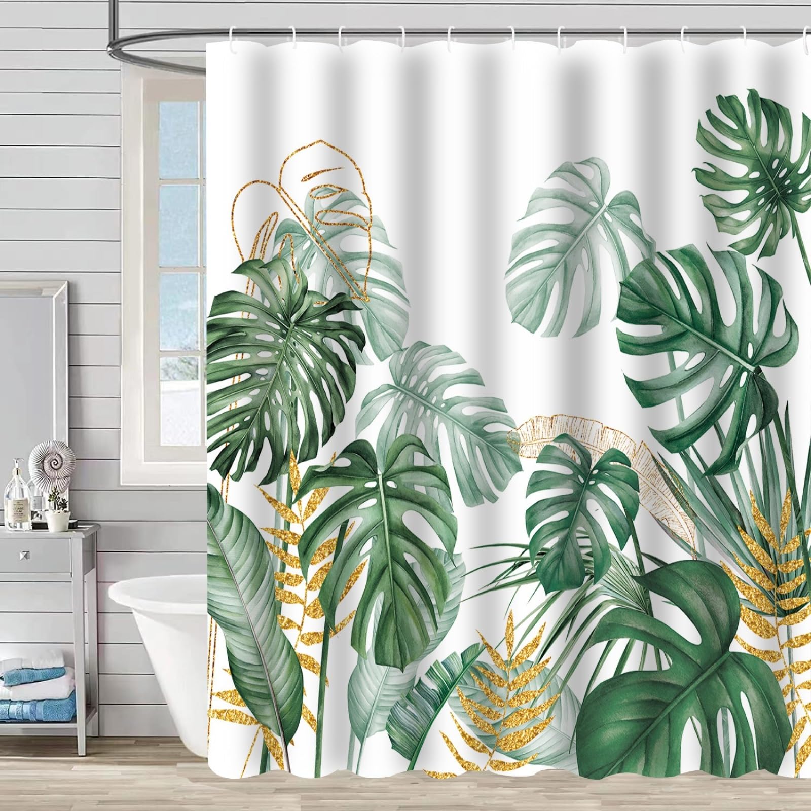 Shower Curtains Tropical Green Gold Wet Room Shower Curtain Mould Proof Resistant Waterproof Polyster Fabric Washable with 12 Hooks Garden Bathroom Curtains (180x180cm)