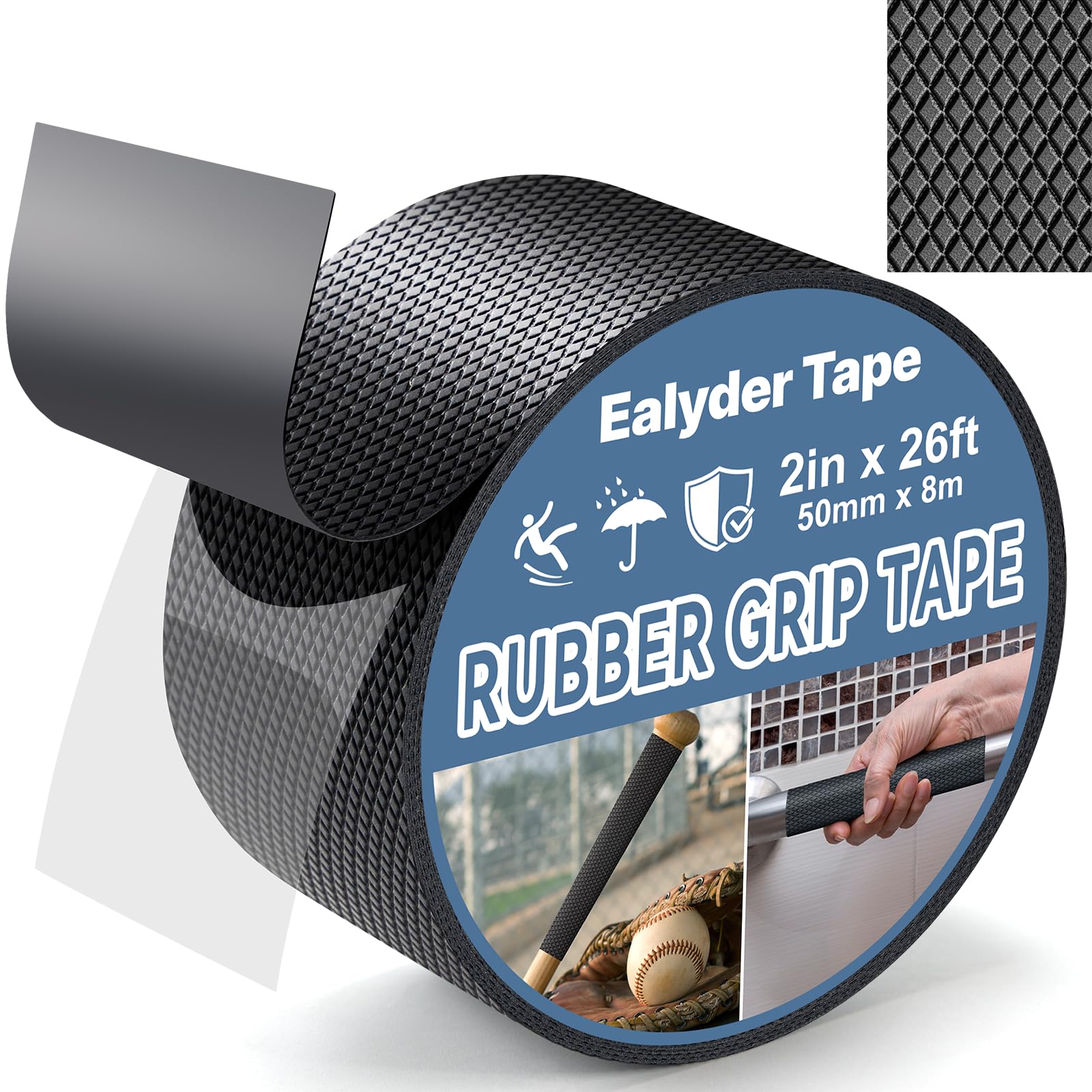 Ealyder Tape 50 mm x 8 m Rubber Grip Tape, Black Ultra-Thin Strong Adhesive Anti-Slip for Handles, Home Use, Waterproof Wear-Resistant Heat Resistant Grip Tape, Comfortable in Hands