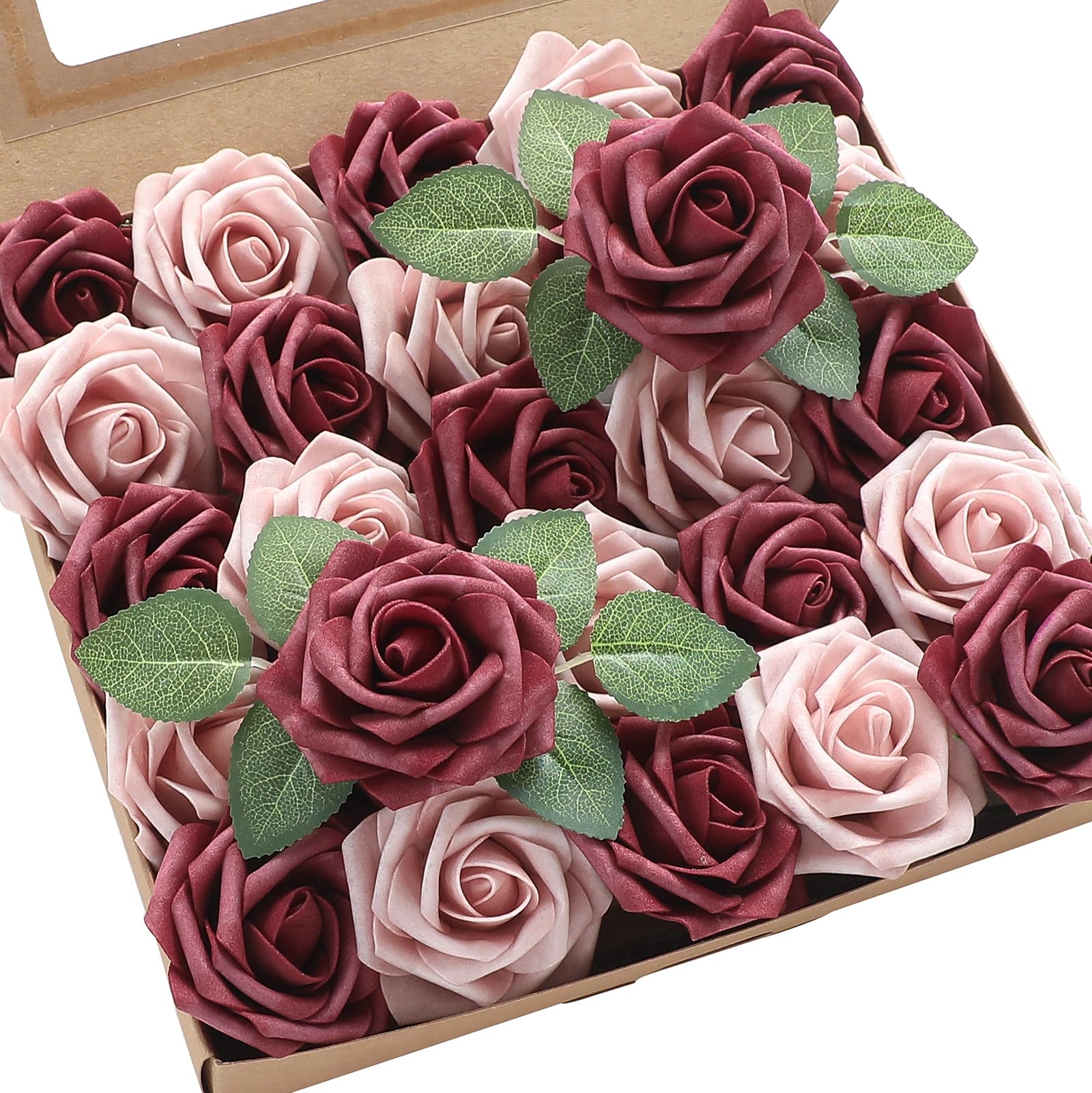 Floroom Artificial Flowers 25pcs Real Looking Cinnamon Rose & Shabby Pink Foam Fake Roses with Stems for DIY Wedding Bou