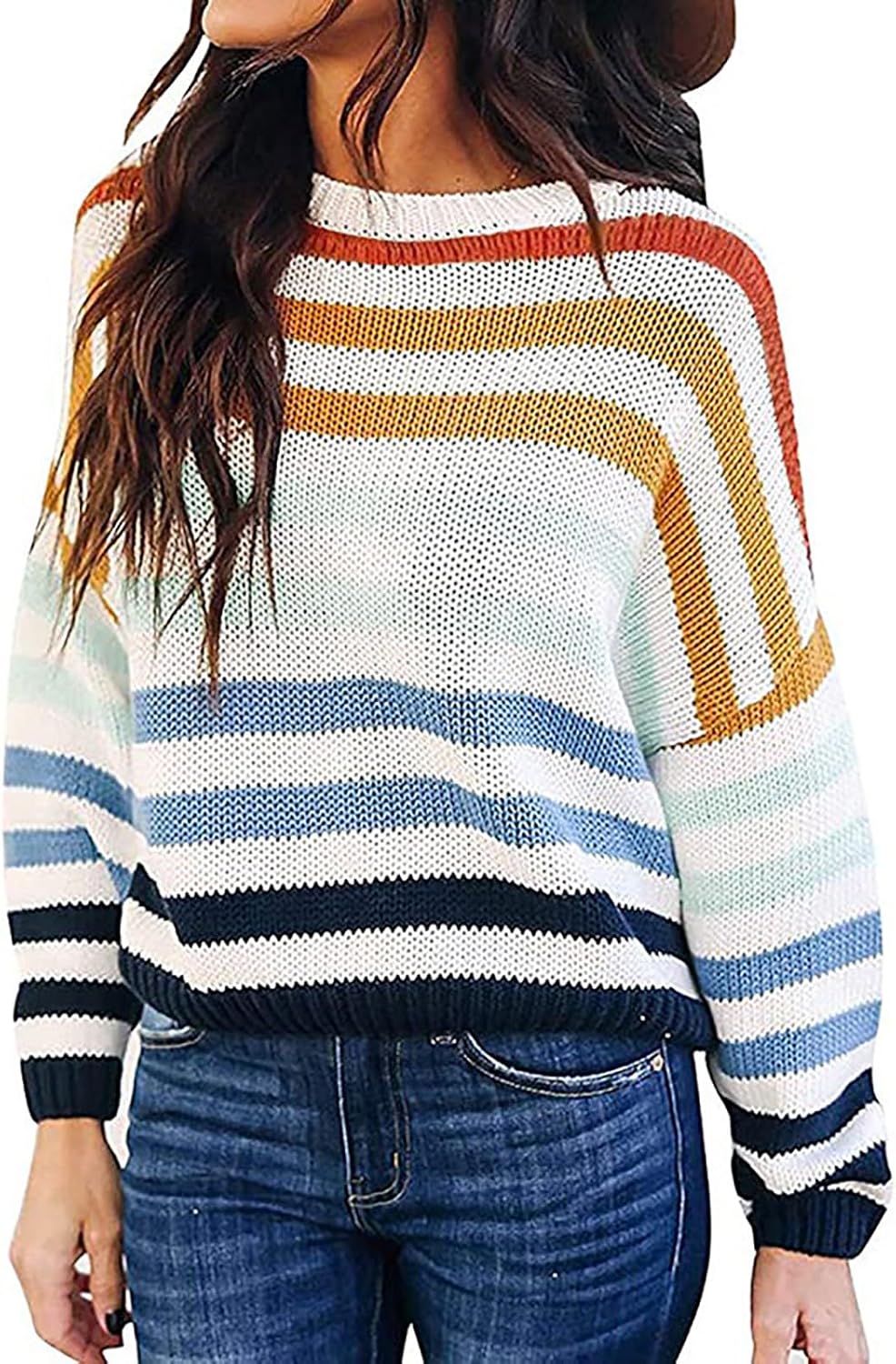 Women's Fall Sweater Long Sleeve Crew Neck Jumpers Striped Color Block Casual Loose Knitted Pullover Tops Streetwear