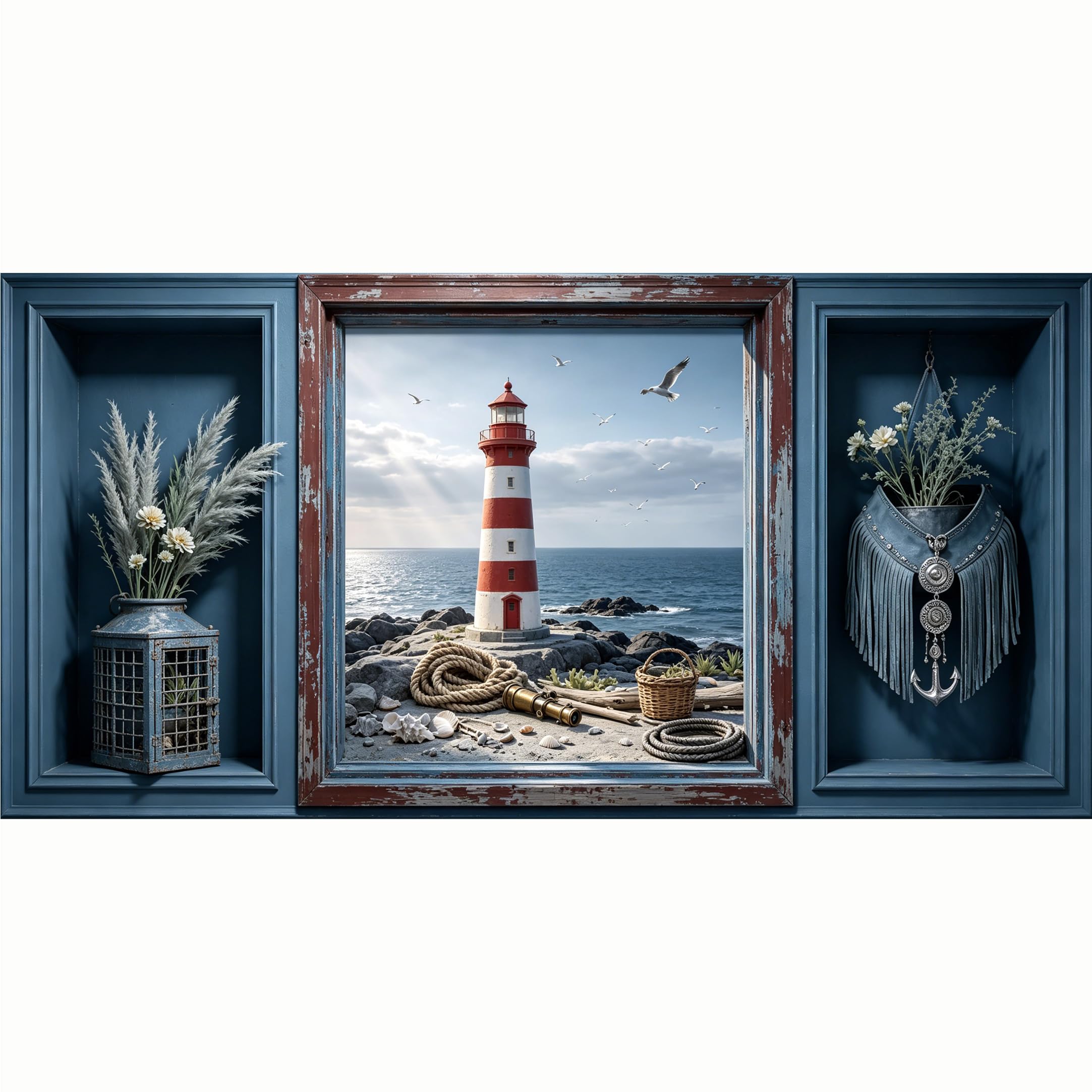 QZLITHOTIC 50x100cm 3D Framed Wall Art， Coastal Lighthouse Ocean Seascape Nautical Decor Self‑Adhesive Mural， Water‑Activated Peel & Stick Fabric Decor Wall Decal for Bedroom Living Room