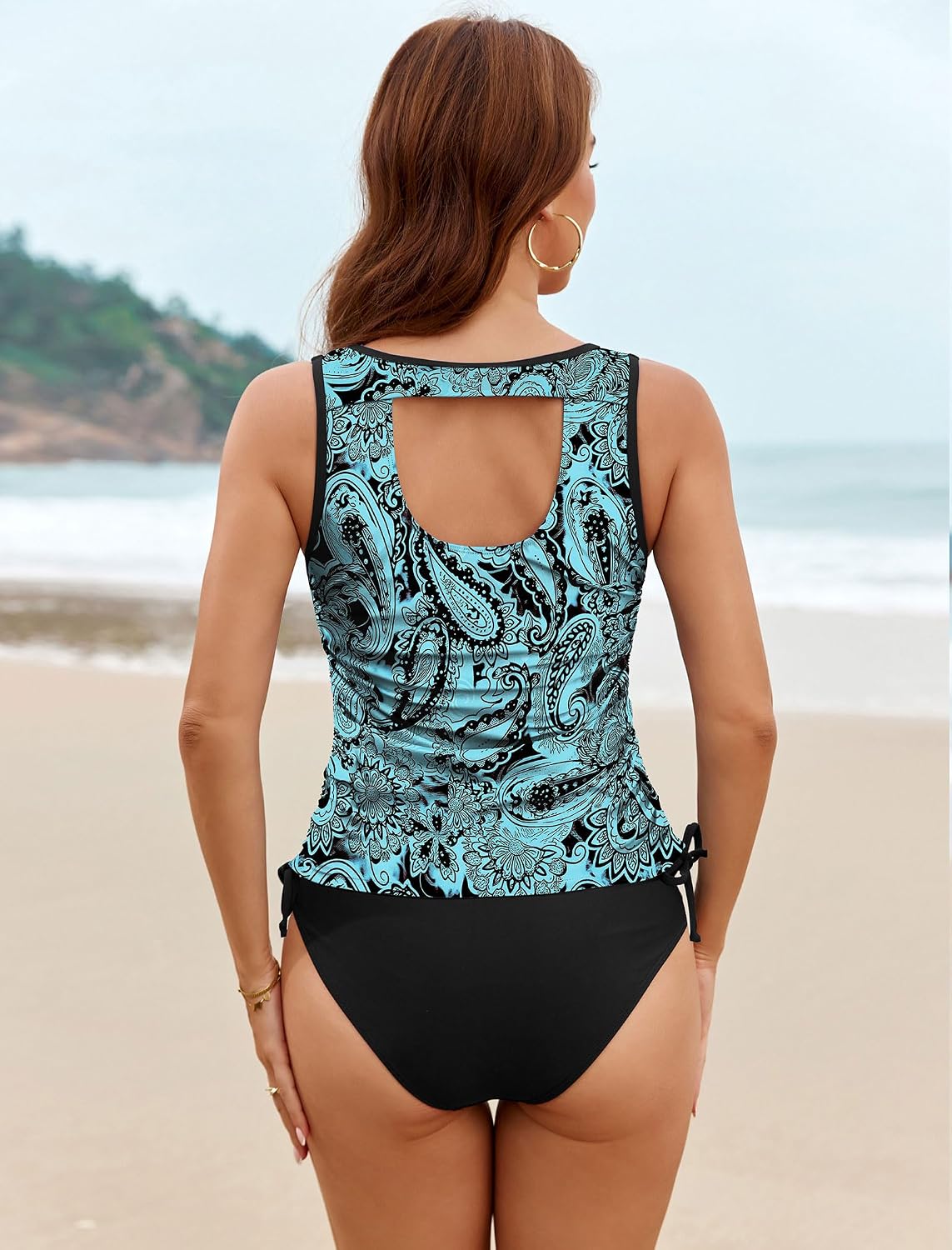 ZAFUL Tankini Tops for Women Only - Modest Swim Tank Top Scoop Neck Side Drawstring Tummy Control Swimsuit Top No Bottom