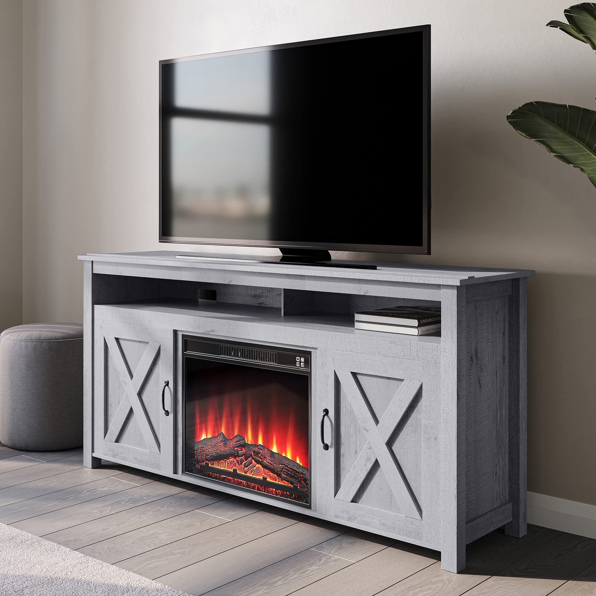Buy BELLEZE Modern 58 Inch Barn Door Wood Electric Fireplace TV Stand