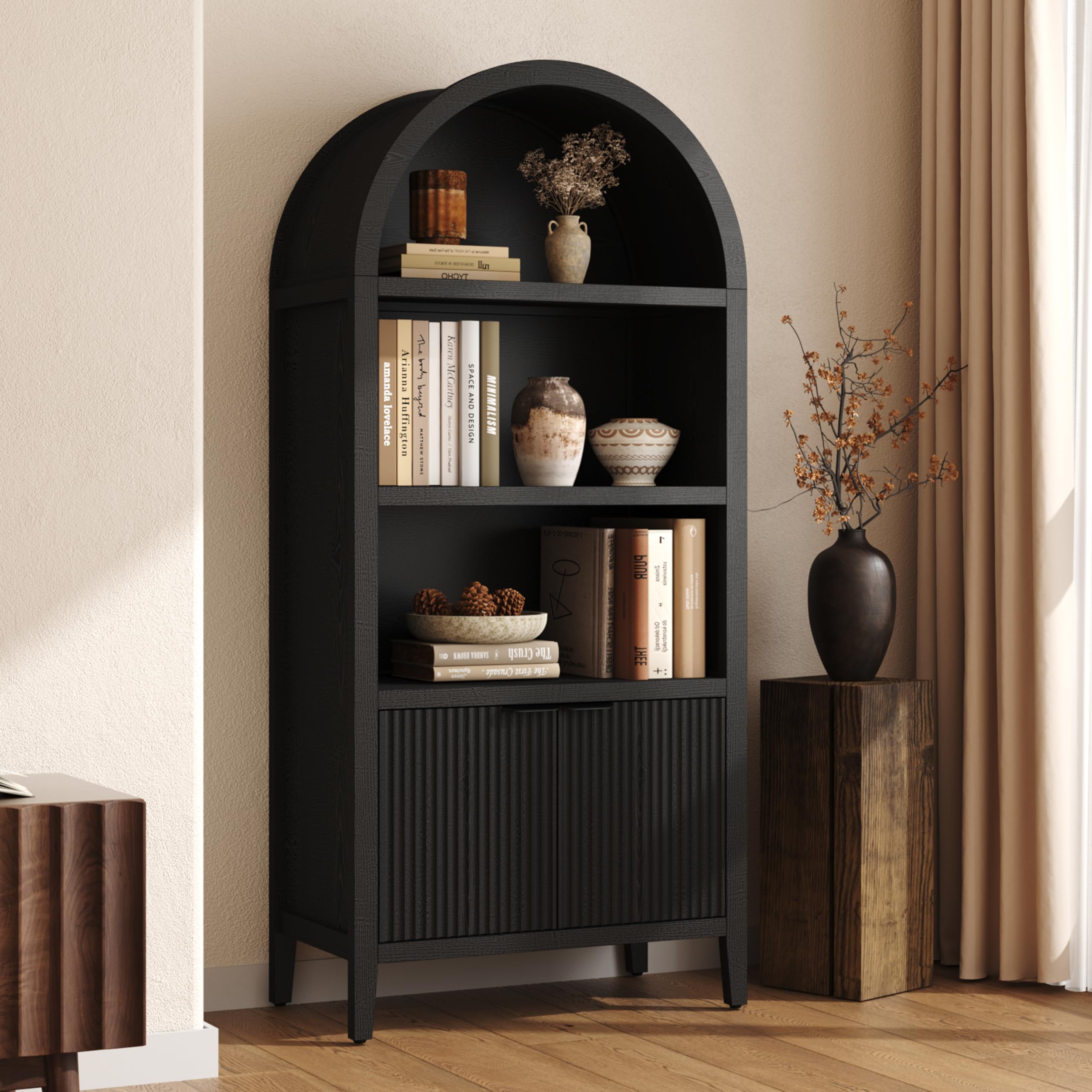 Yusong Tall Arched Cabinet, 5-Tier Arched Bookshelf, Arch Storage Display Cabinet with Fluted Doors and Shelves, Modern Farmhouse Bookcase Kitchen Pantry for Living Room Bedroom, Black