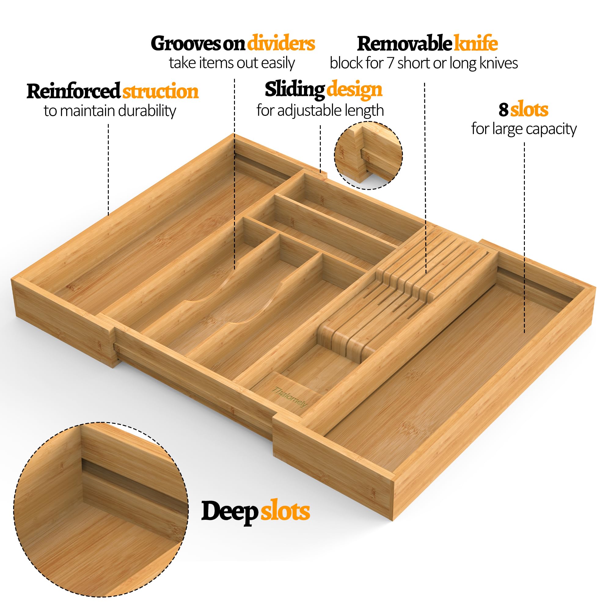 Bambus-Küchenschubladenorganizer, erweiterbarer Utensilien-Organizer mit abnehmbarem Messerblock, Besteckkasten mit Trennwand, verstellbarer Besteck-Organizer