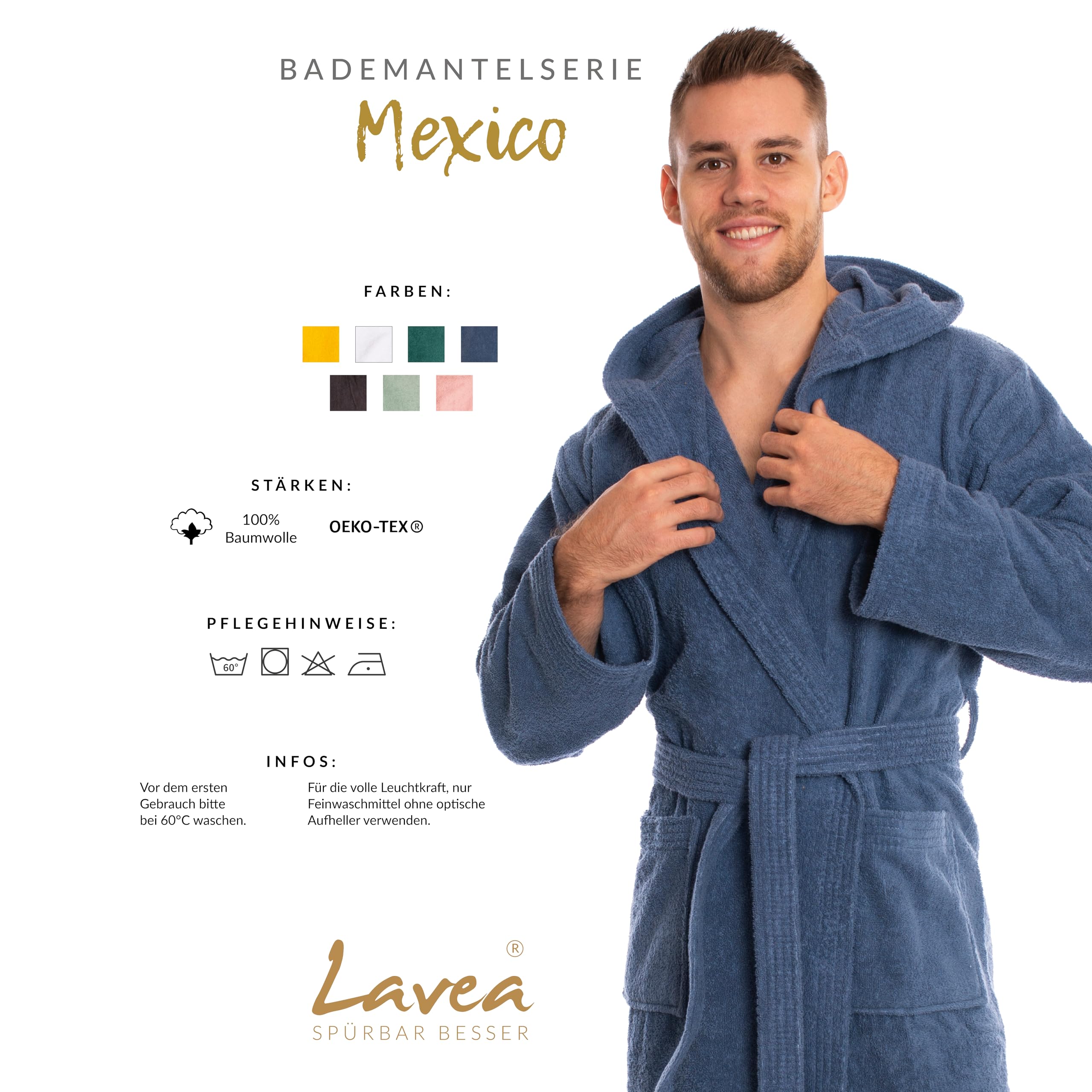 Lavea® Szlafrok męski i damski z 100% bawełny – Miękki szlafrok kąpielowy z kapturem, unisex, idealny do sauny i domu