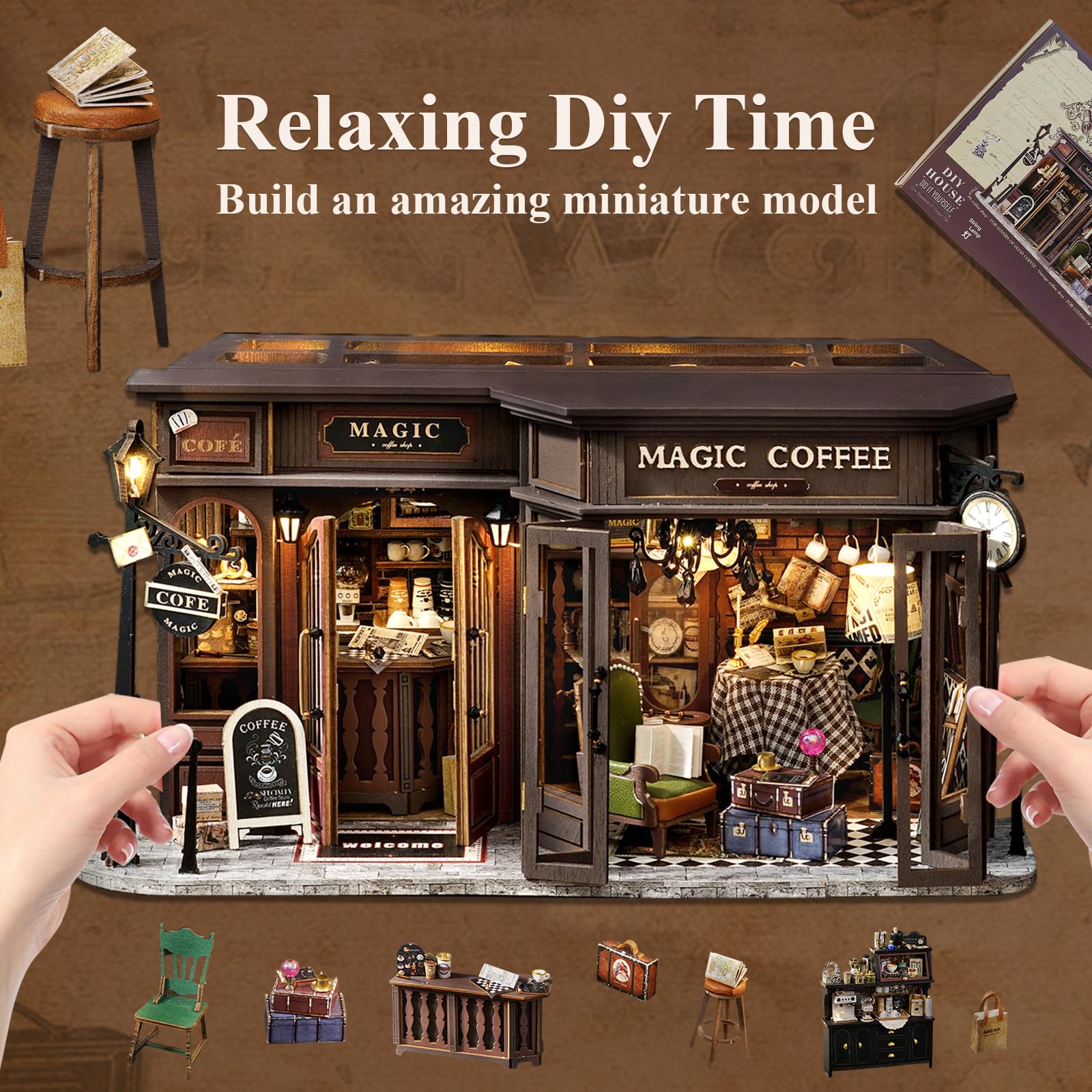 Fsolis DIY Puppenhaus aus Holz, Maßstab 1:24, Puppenhaus-Miniatur mit Möbeln und Staubschutz, handgefertigtes Handwerk, Miniatur-Puppenhaus-Set für Teenager und Erwachsene (Vintage Coffee Shop)