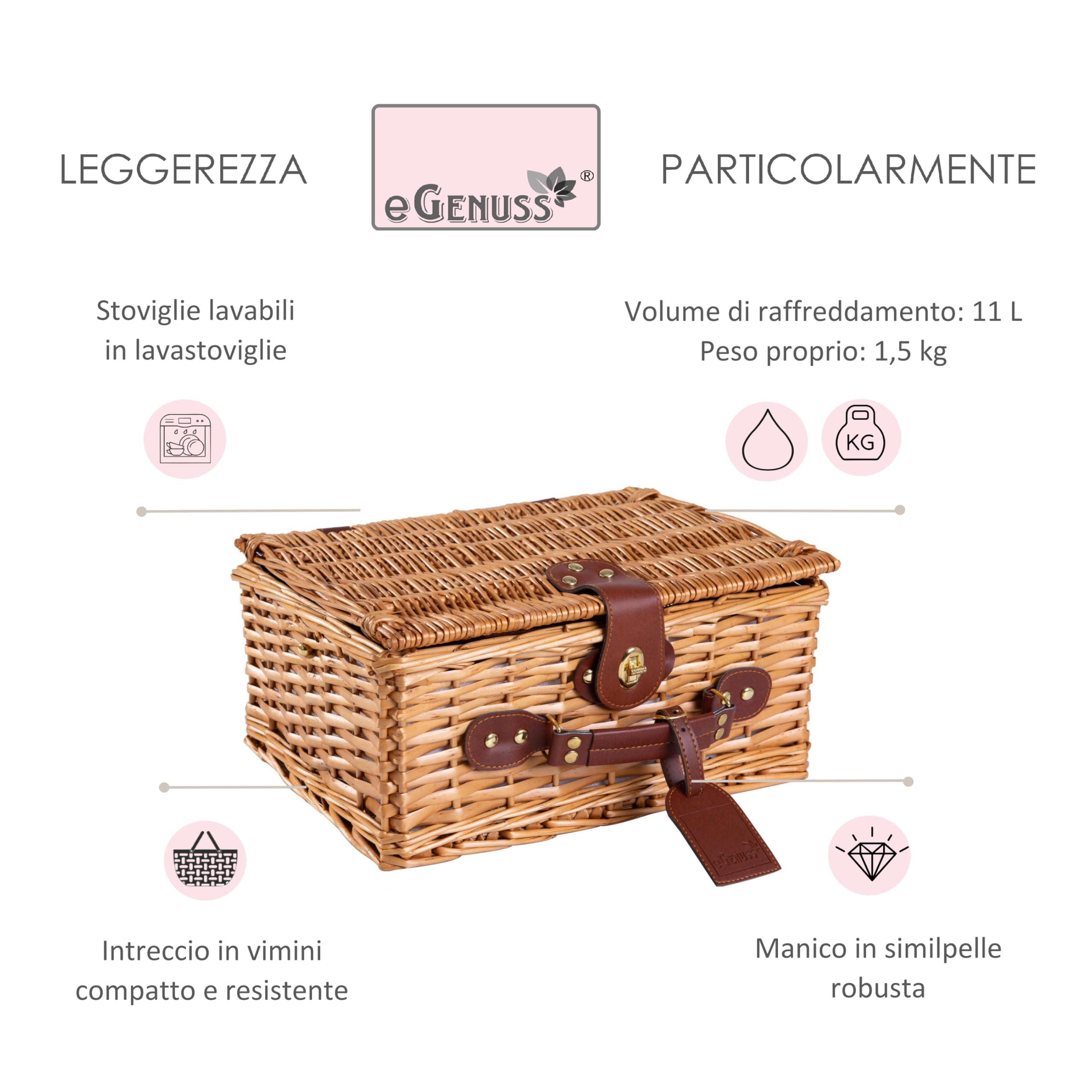 Cestino da Picnic in Vimini per 2 Persone – Cesto Vimini Picnic con Scompartimento Isotermico e Accessori Inclusi, Fantasia a Quadretti Rossi, 34,5 x 26 x 16 cm