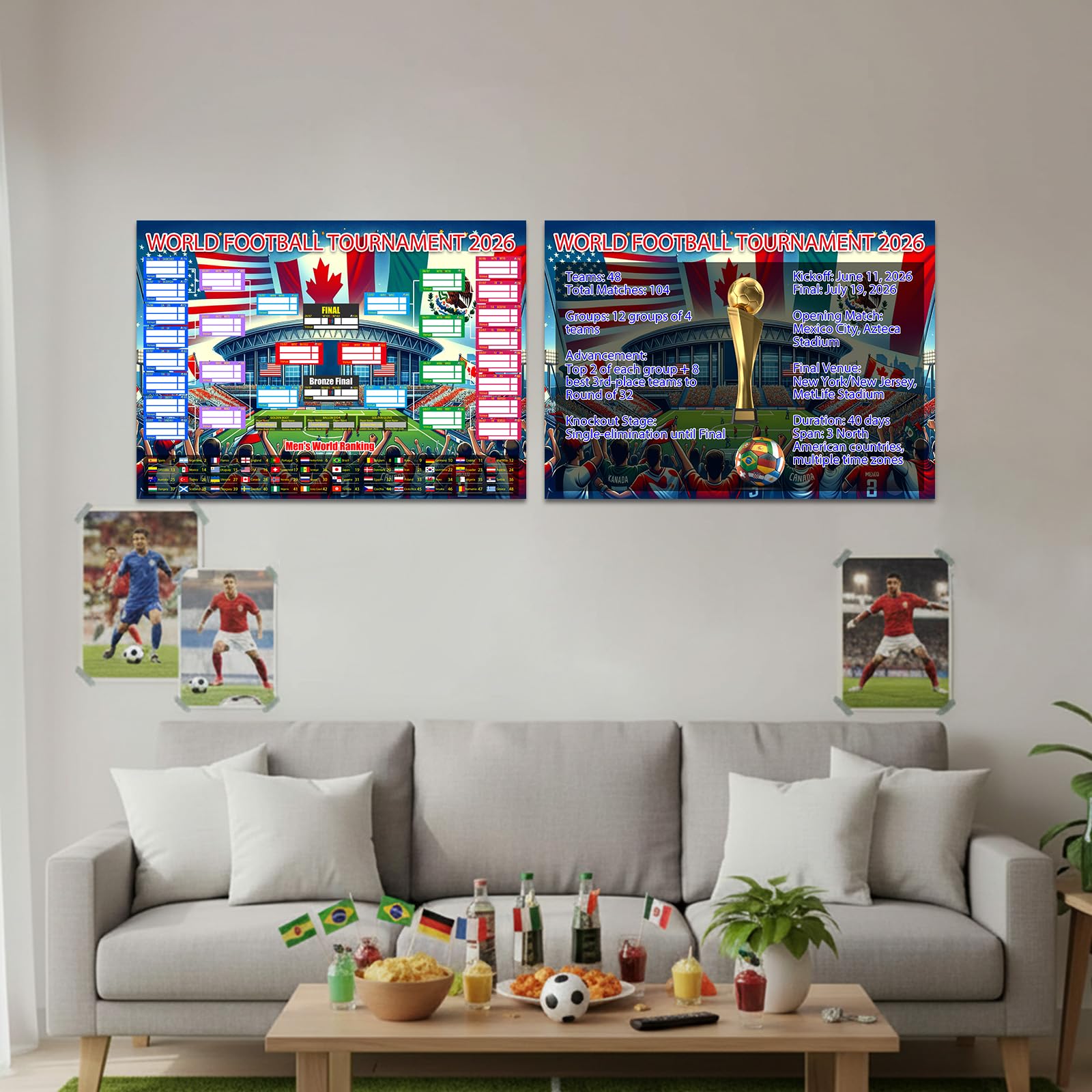 2PCS World Cup Football 2026 Interactive Foldable Poster 2026 World Cup Ball Competition Schedule Includes 8 Double Sided Adhesive Rings And A Flag-Themed Ballpoint Pen Fan Gifts Bar Display 87x58cm — view 7
