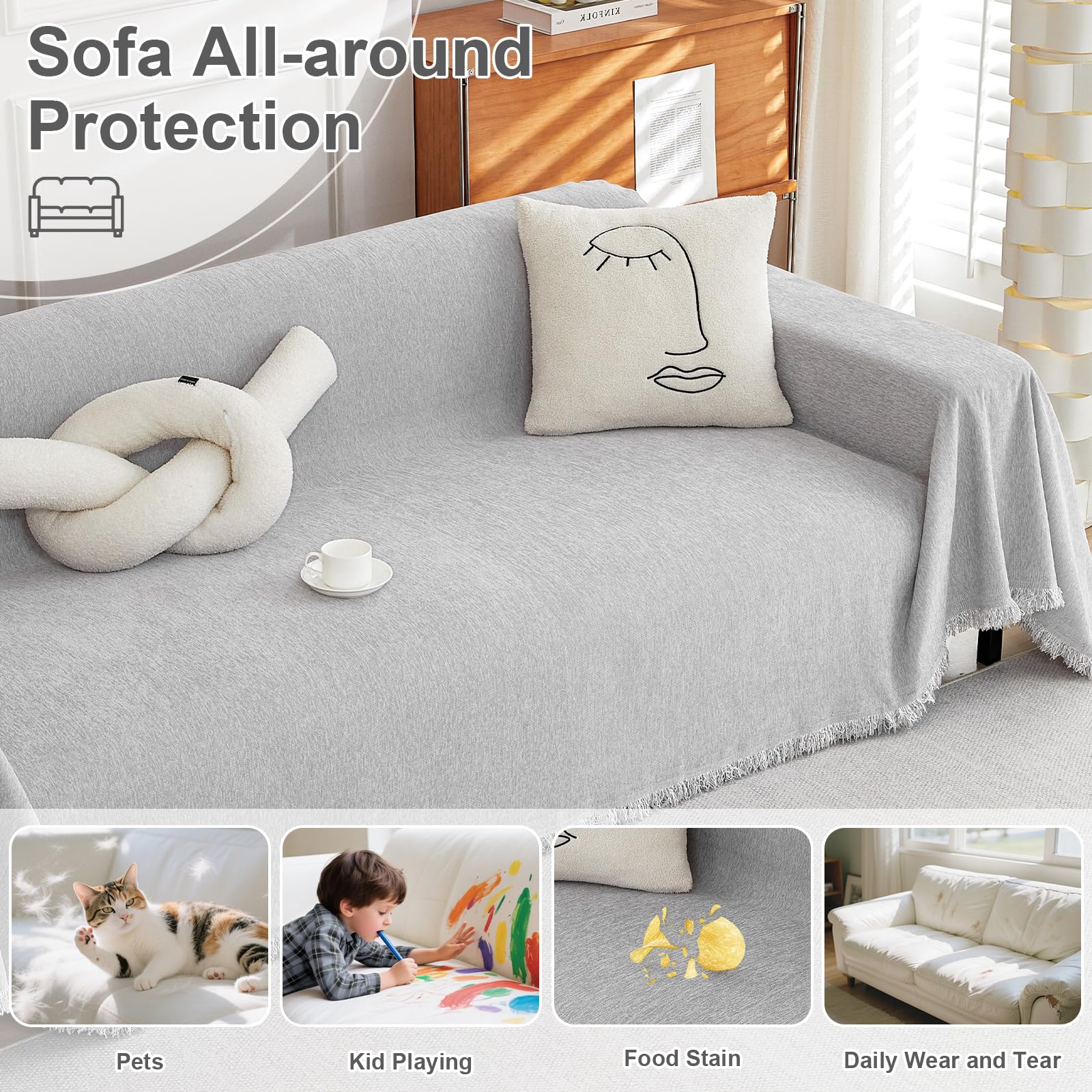 OstepDecor Sofa Überzug Chenille Sofabezug, Couch Überzug 1/2/3/4 Sitzer, Kratzfest Hund Katze Sofa Cover, rutschfest und babyfreundlich, Sofaüberwurf (Reines-Grau 180 x 260 cm)