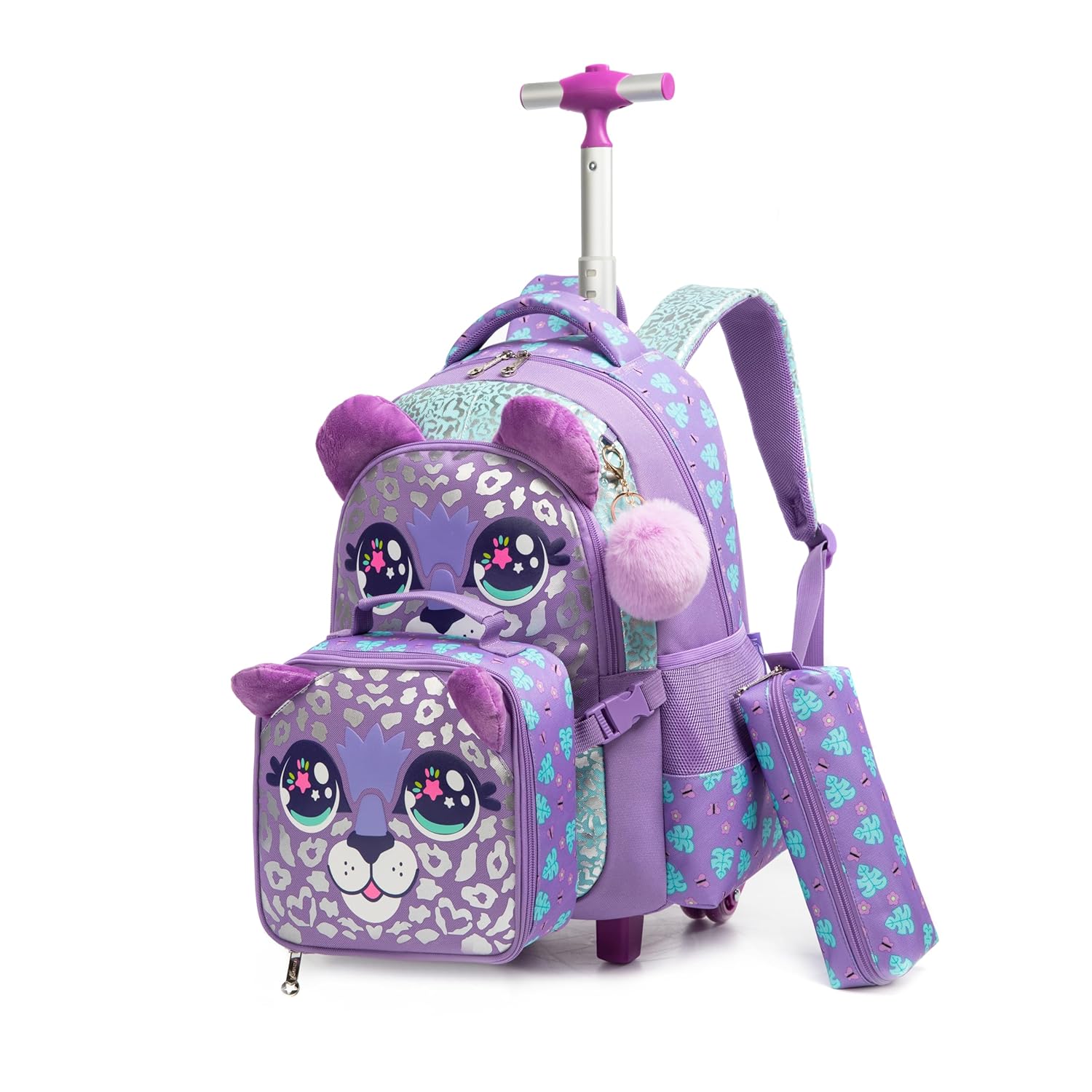 Mochila de Rodinhas Infantil CUTBLAJAT – Kit de 3 Peças com Lancheira e Estojo – Ideal para Meninas – Roxo Estampa de Leopardo