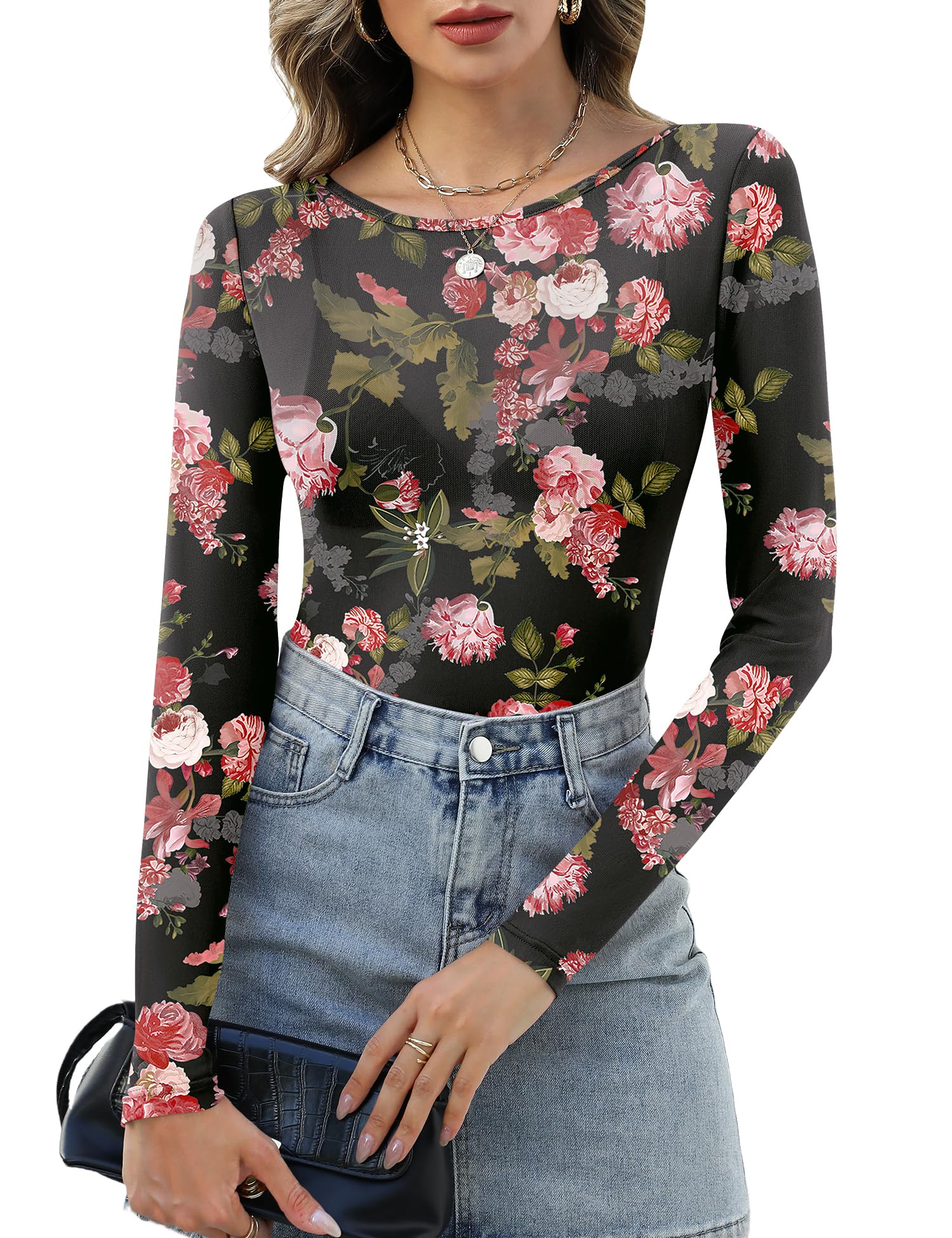 Amazon.com: KTILG Womens Lace Long Sleeve Boat Neck Tops Sheer