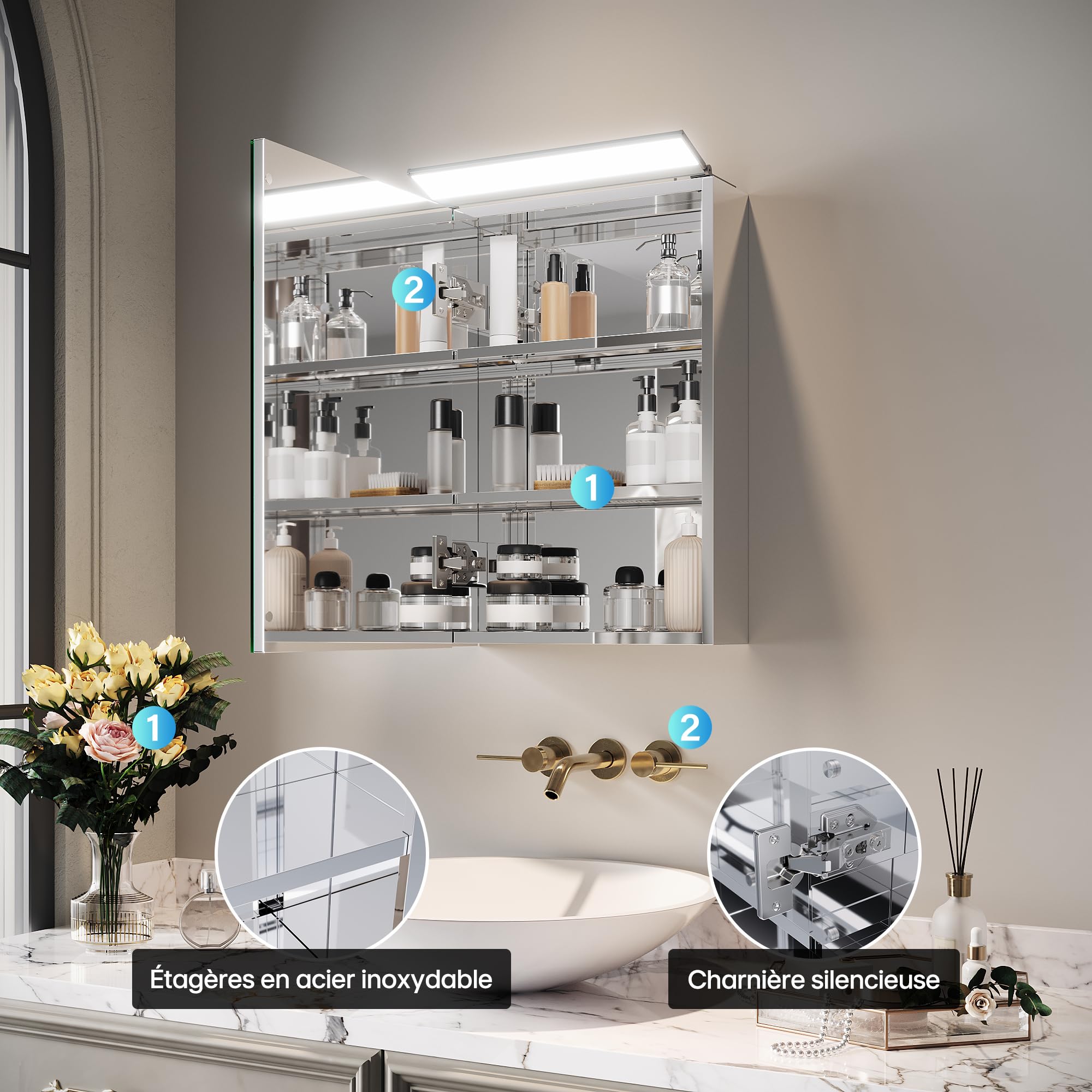 SIRHONA Armoire Murale Salle de Bain avec Éclairage LED, 36x52cm, Guide de lumière Acrylique, Armoire de Miroir de Salle de Bain en Acier Inoxydable, Armoire de Toilette, Blanc argenté