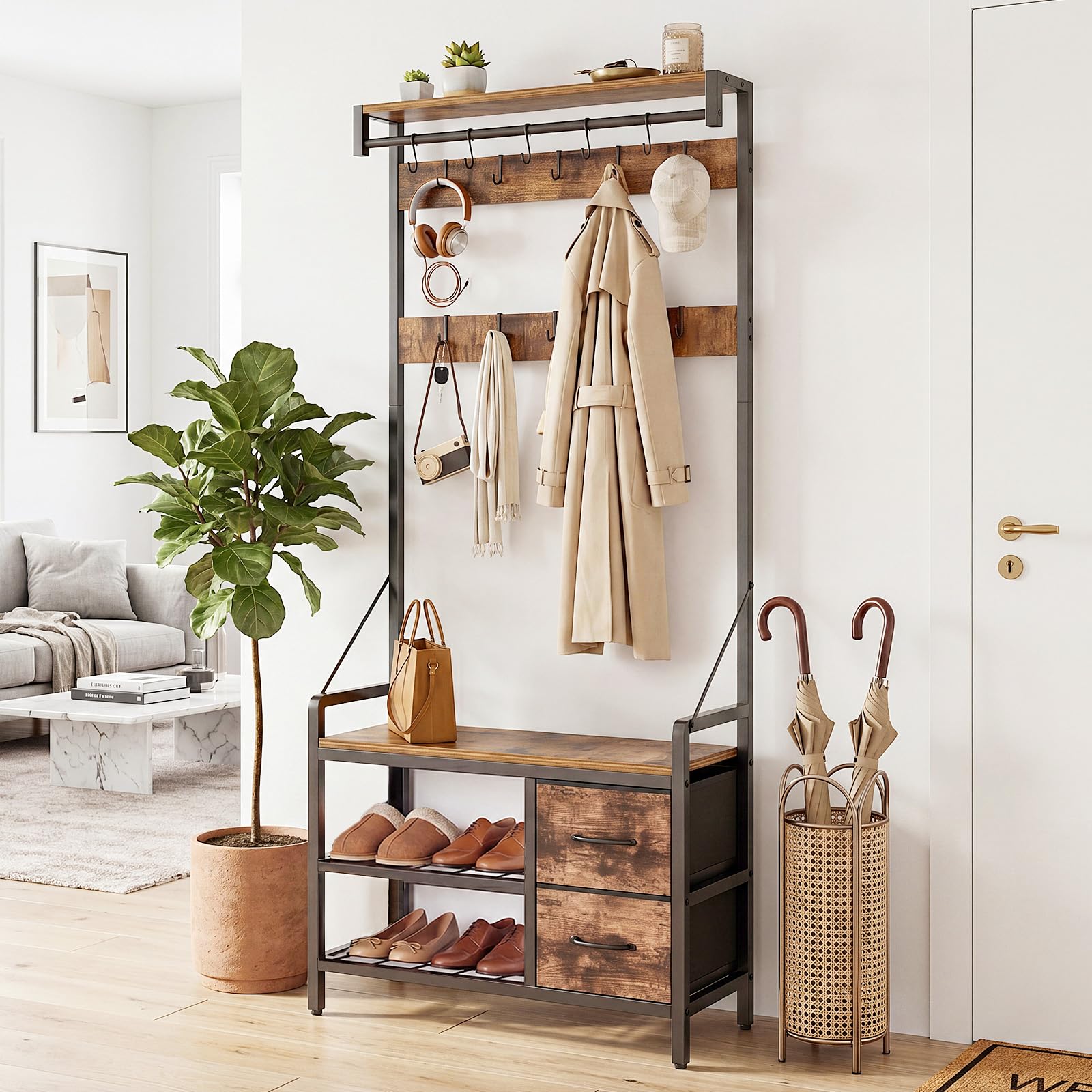 Maxlead Coat Rack With Shoe Storage Bench, Freestanding Hallway Storage Unit With Hooks, Drawers & Shelves For Entryway, Hallway, Bedroom