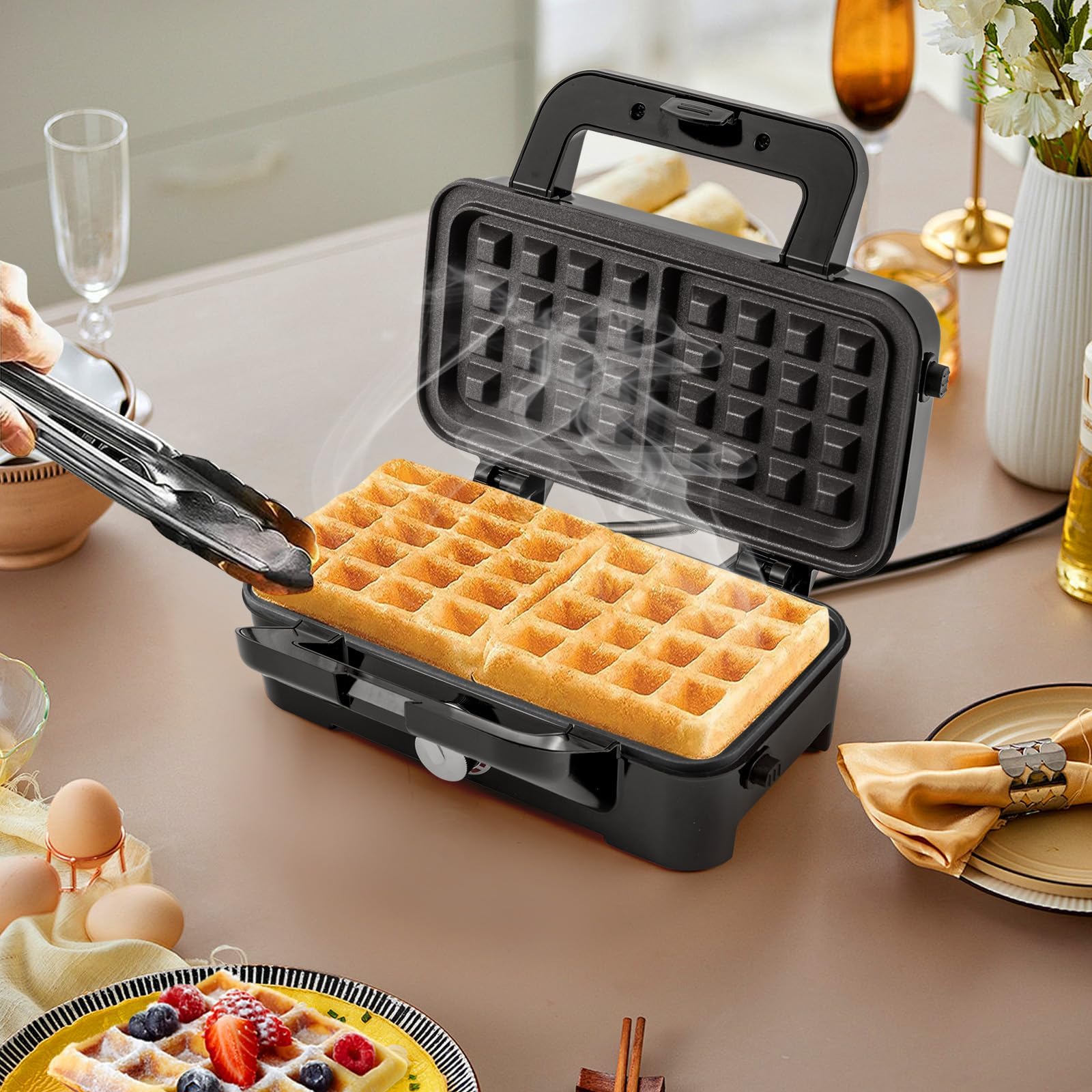 RELAX4LIFE Gaufrier 1000W-Croque Monsieur 3 en 1 avec 2 Frire&2 Griller&2 Gaufres&Poignée Cool Touch|Contrôle de Température à 5 Niveaux, Acier Inoxydable pour Anniversaires Fêtes Pâques Noël (S)