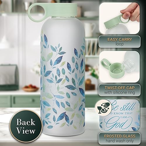 Miniatura 3 de Christian Art Gifts Botella de agua reutilizable de vidrio esmerilado inspirador sin BPA para mujeres Be Still & Know con versículo bíblico