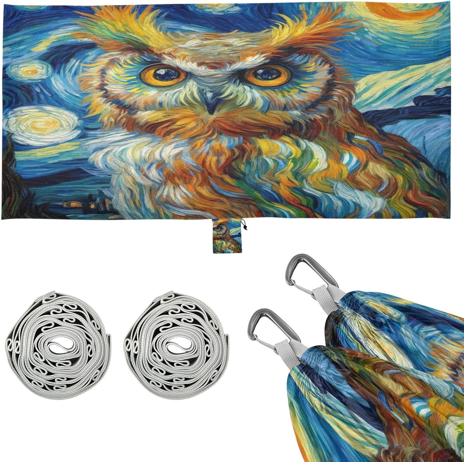 ALAZA Owl Starry Sky Camping Hammocks Single or 2 Person 500 lbs Portable Parachute Travel Hammock w/Tree Straps for Hiking Backpacking Indoor Outdoor