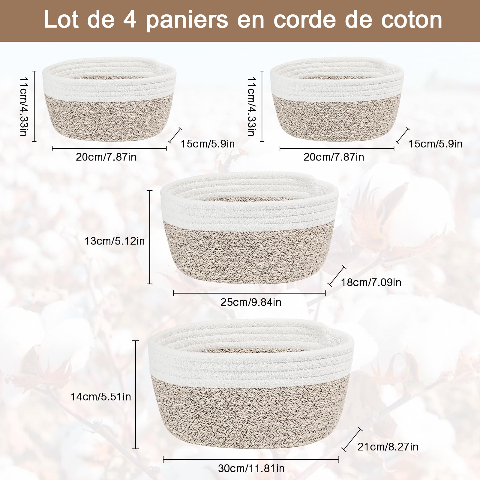 4 Pièces Panier Rangement - Panier Rangement Salle de Bain, Rangement Table a Langer, Petit Panier Rangement Tressés en Coton pour Salles de Bains et Aux Chambres à Coucher