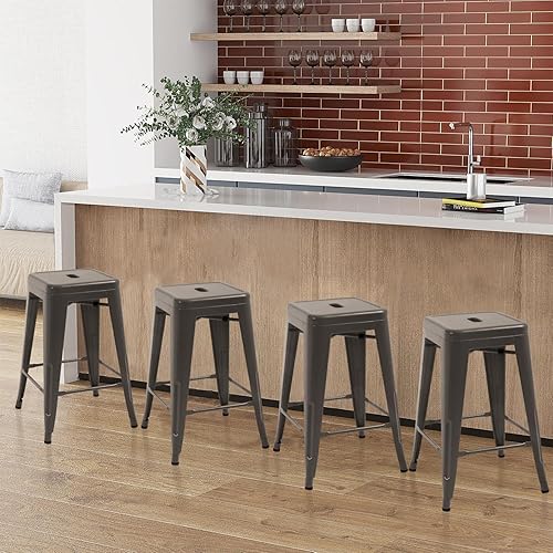 BIQWBIC Taburetes de bar de metal para isla de cocina, taburete de bar de 24 pulgadas de 4, taburetes de bar apilables para interiores y exteriores,