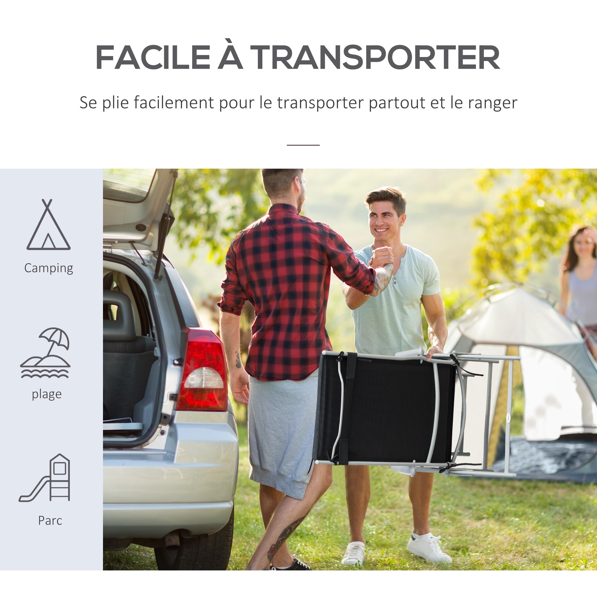 Outsunny Bain de Soleil Pliable Transat 7 Positions Charge 165 kg Noir | Inclinable, Chaise Longue, Dossier, Coussin, Appui-tête, Accoudoirs, Métal Époxy Textilène Polyester, pour Jardin, Piscine