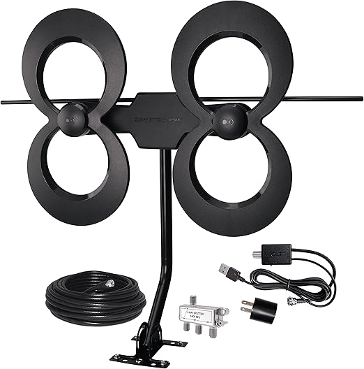 Antennas Direct ClearStream 4MAX Complete TV Antenna, Indoor Outdoor, UHF VHF, Multi-Directional, 70+ Mile Range – w/Cable, Mast, Amplifier, Splitter