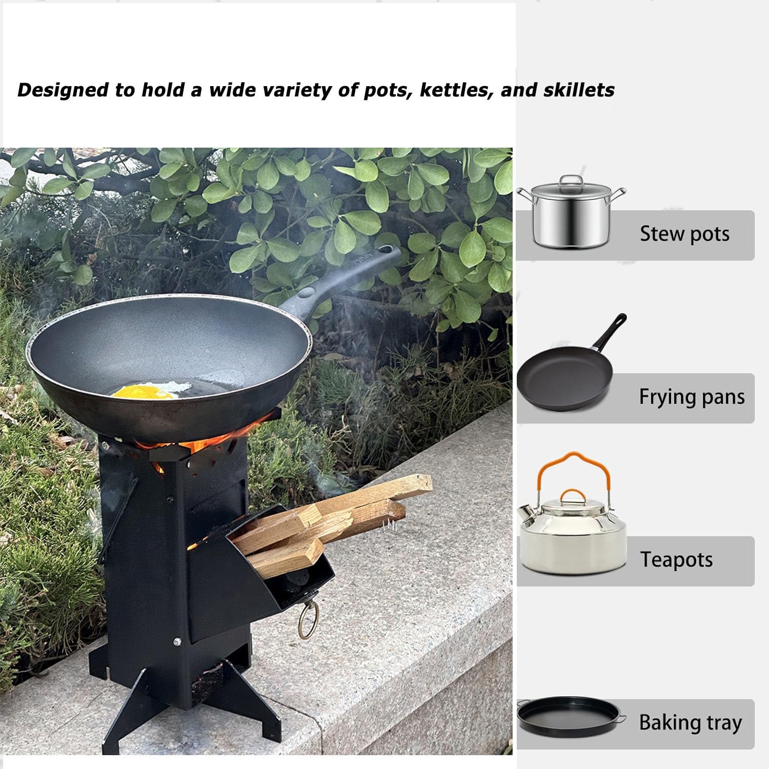 Raketenofen Tragbarer Raketenofen Holzofen Schwarz | Für Kochutensilien in verschiedenen Größen, mit Ständer, Outdoor-Rucksackreisen, Wandern, Grillen, Picknick
