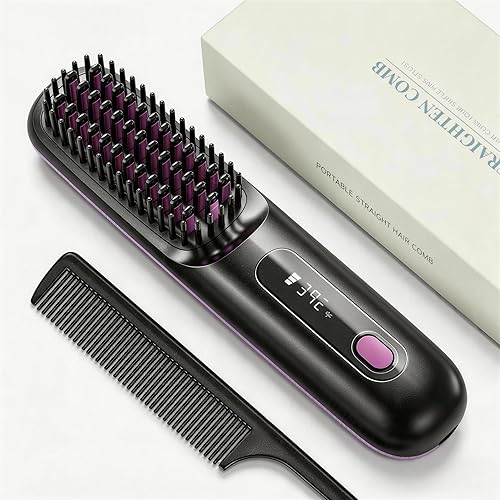2026 Upgraded Wireless Portable Hair Straightener Brush, 200 Million Negative Ion Technology, 113% Larger Heating Area, 3 Adjustable Temp Settings with LED Display, MCH Ceramic Coating(Midnight Black)