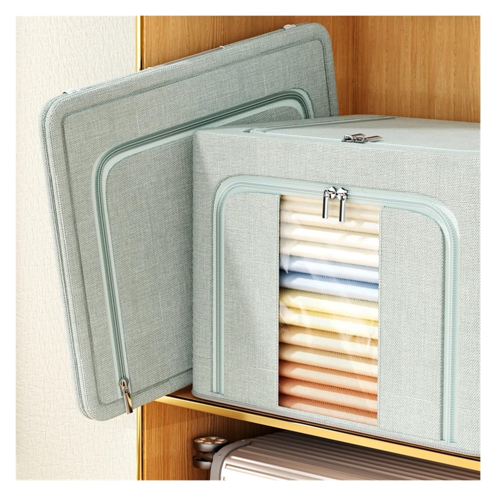 Bolsa de Almacenamiento Caja de almacenamiento de mantas plegable de tela Oxford for armario de dormitorio con ventana transparente y cremallera bidireccional Para Guardar Ropa, Edredones, Mantas(Grey