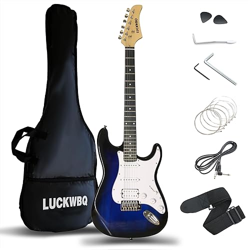 39in Full Size Electric Guitar Beginners Kit, Electric Guitar Starter Kit,Blue w/Aceesccories, Bag, Picks, Strap, 6 Strings, Tremolo Arm - Guitarra Electrica for Starters, Adults,Travel