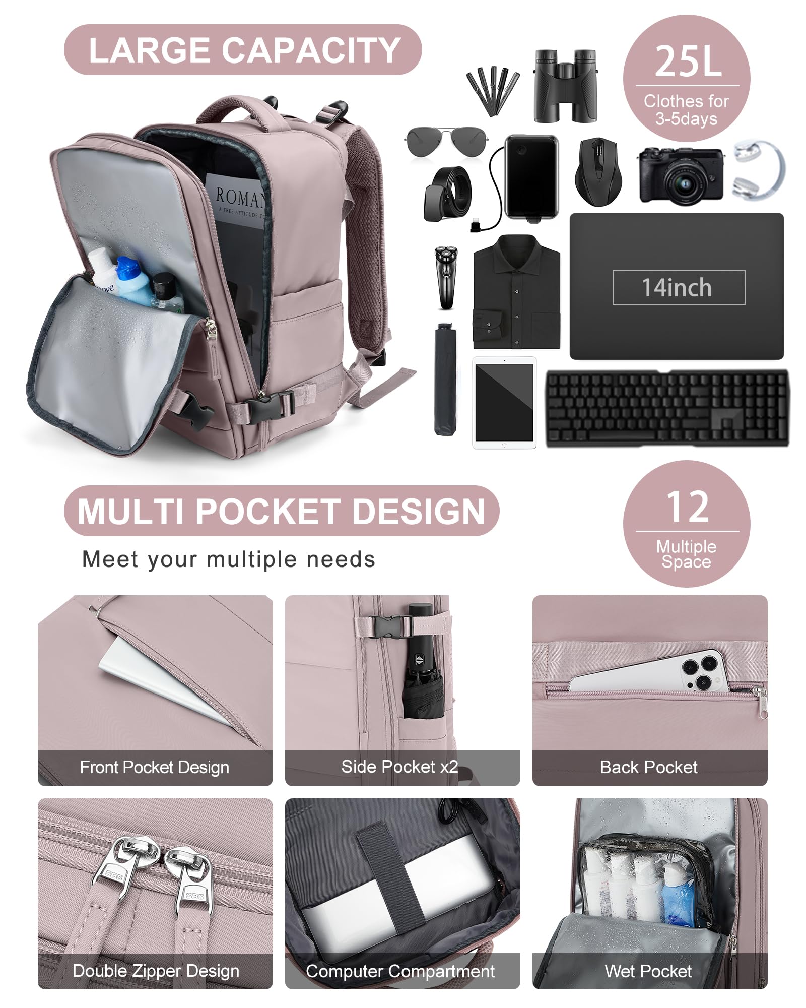 BJLFS Borse da Cabina per Ryanair 40x20x25 Bagaglio a Mano Zaino Borsa Zaino da Viaggio, Zaino da trekking,Zaino Easyjet 45x36x20,Zaino Casual per laptop da 14 pollici per scuola