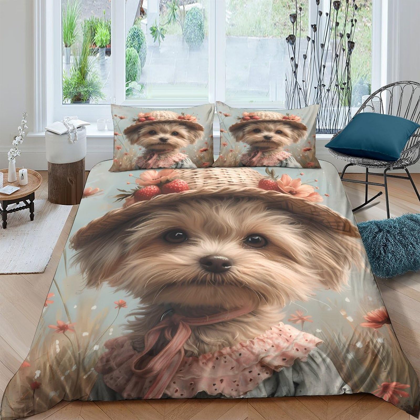 Ctjqhvkz Style-9 3D Printed Cute Puppy Fitted Sheet Microfiber Soft Breathable Floral Hat Mattress Cover For Bedroom Dorm Aesthetic Decor Single（135X200cm）