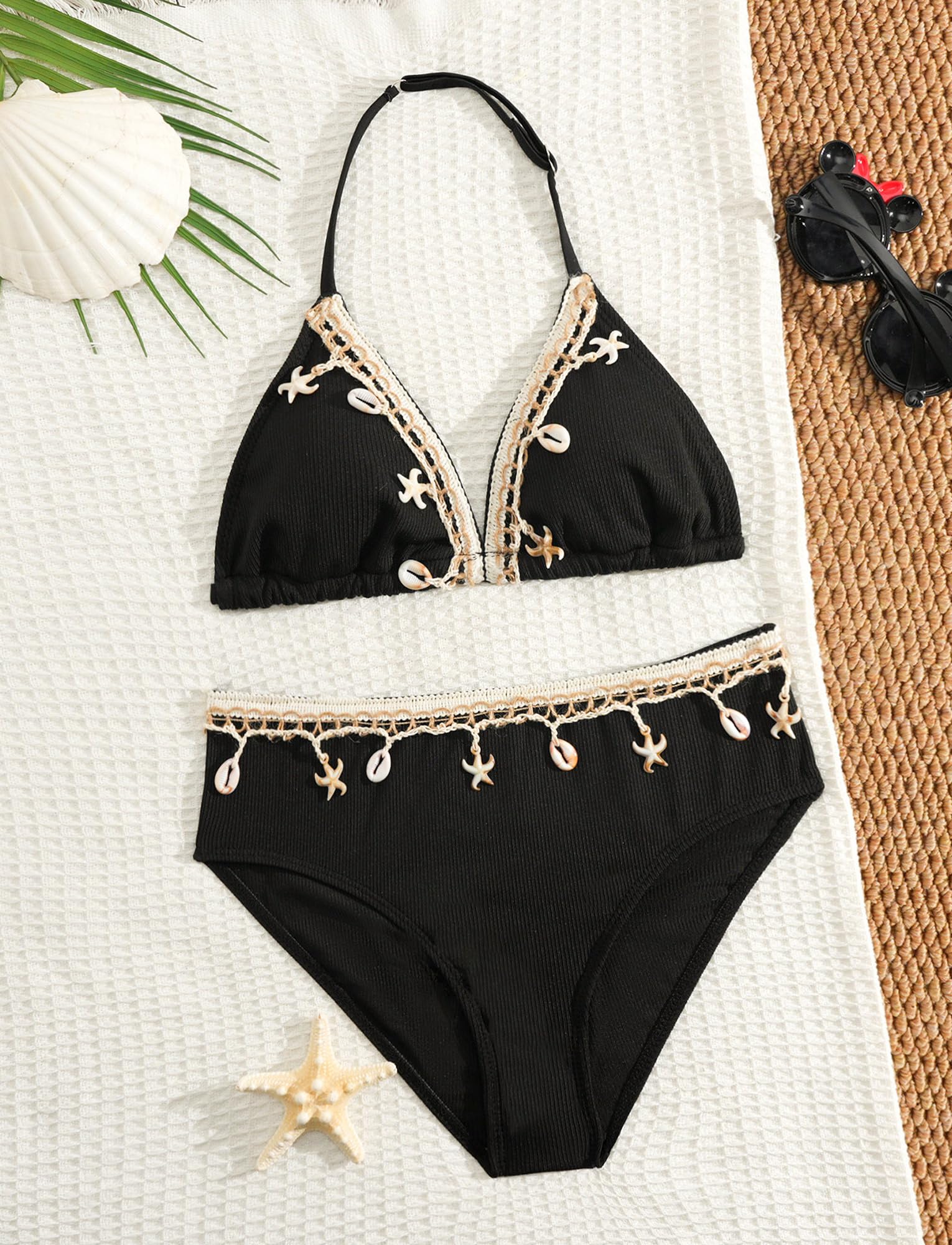 Maeau Bikini Maillot de Bain Coquilles 3 Pièces pour Fille 8-12 Ans, Haut de Bikini+Culotte+Jupe, Ensemble de Natation, Plage, Piscine