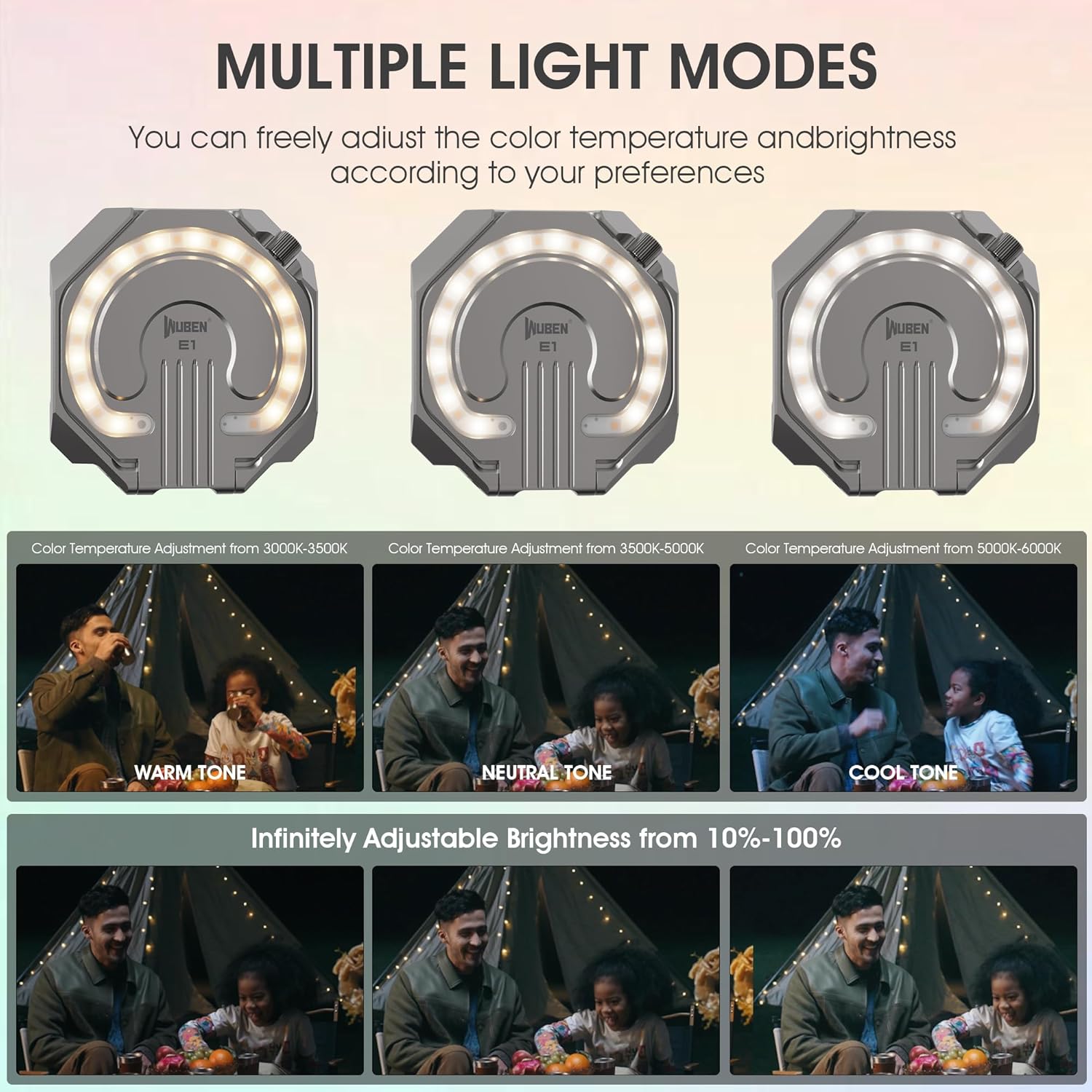 WUBEN E1 showing different light modes