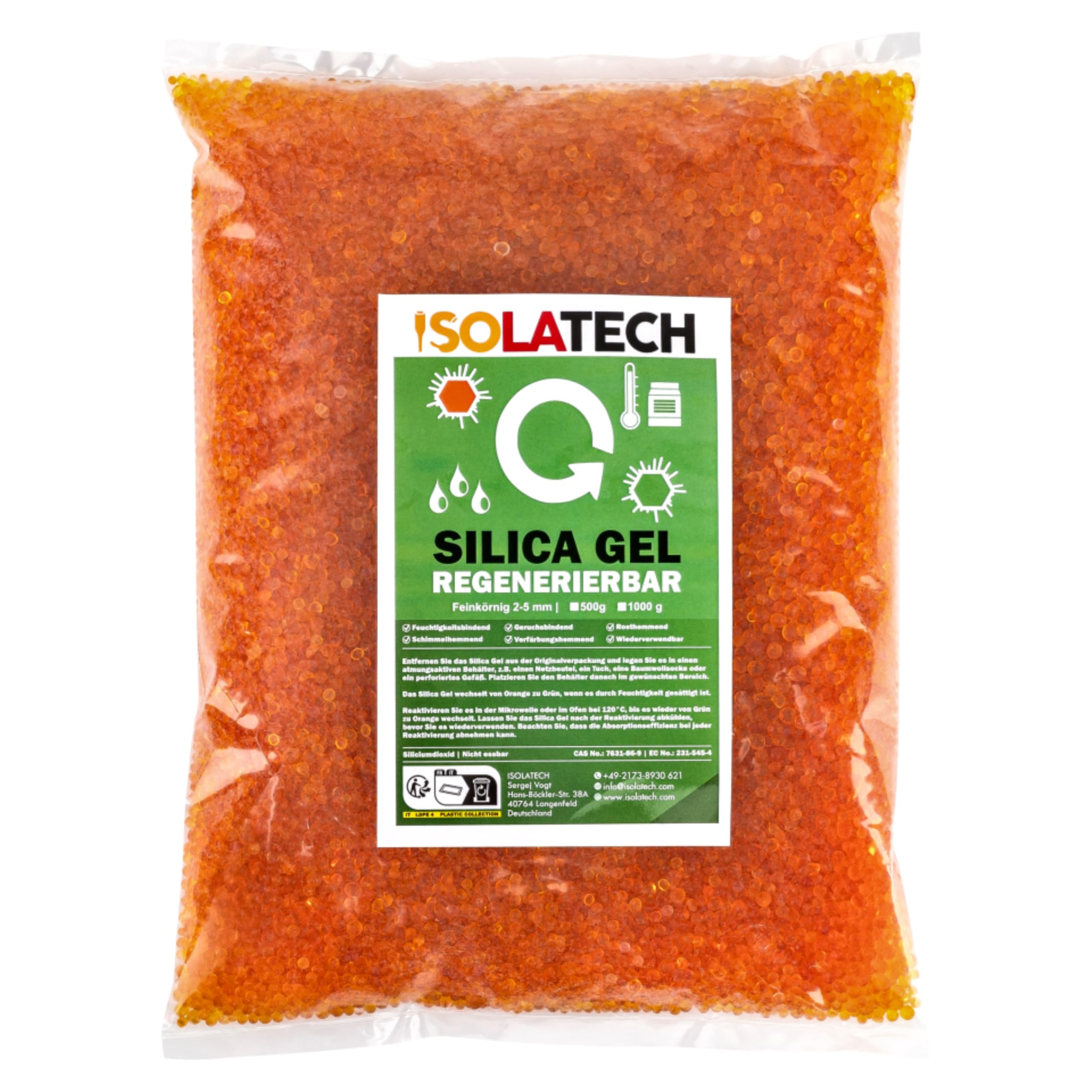ISOLATECH Silica Gel regenerierbar Trockenmittel auch als Filament Trockner geeignet orange 1kg Beutel Silicagel Kugeln als Kieselgel Silikagel Entfeuchter
